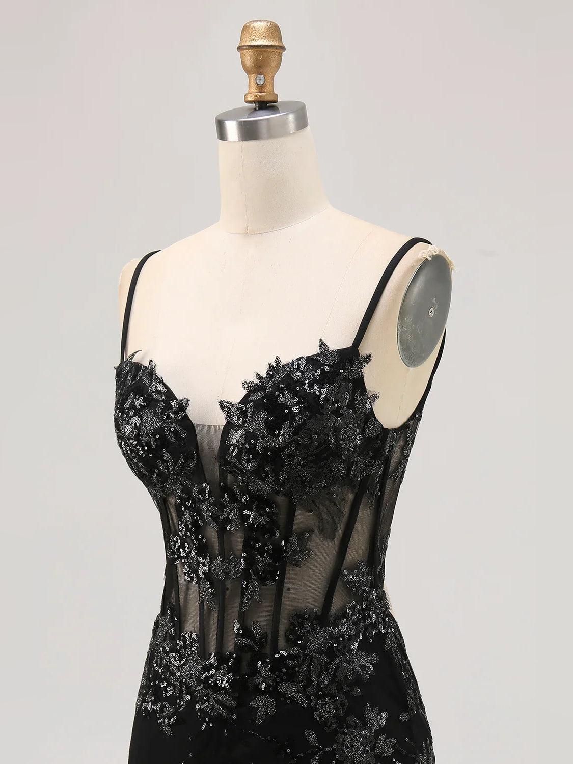 Black floral sequin corset mini dress, sheer mesh panels and spaghetti straps