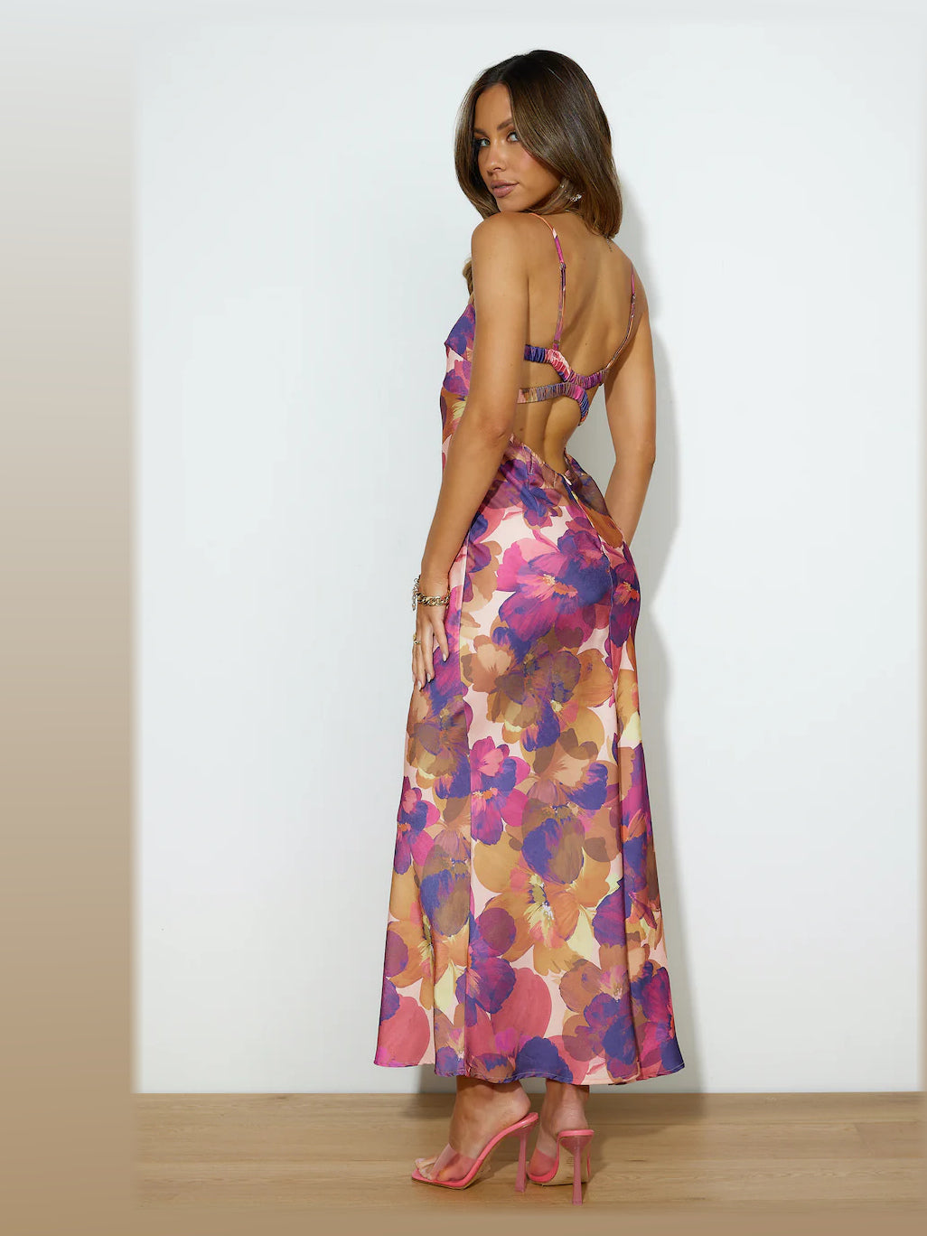 Purple midi formal dress, alternate full-length view showing the overall shape