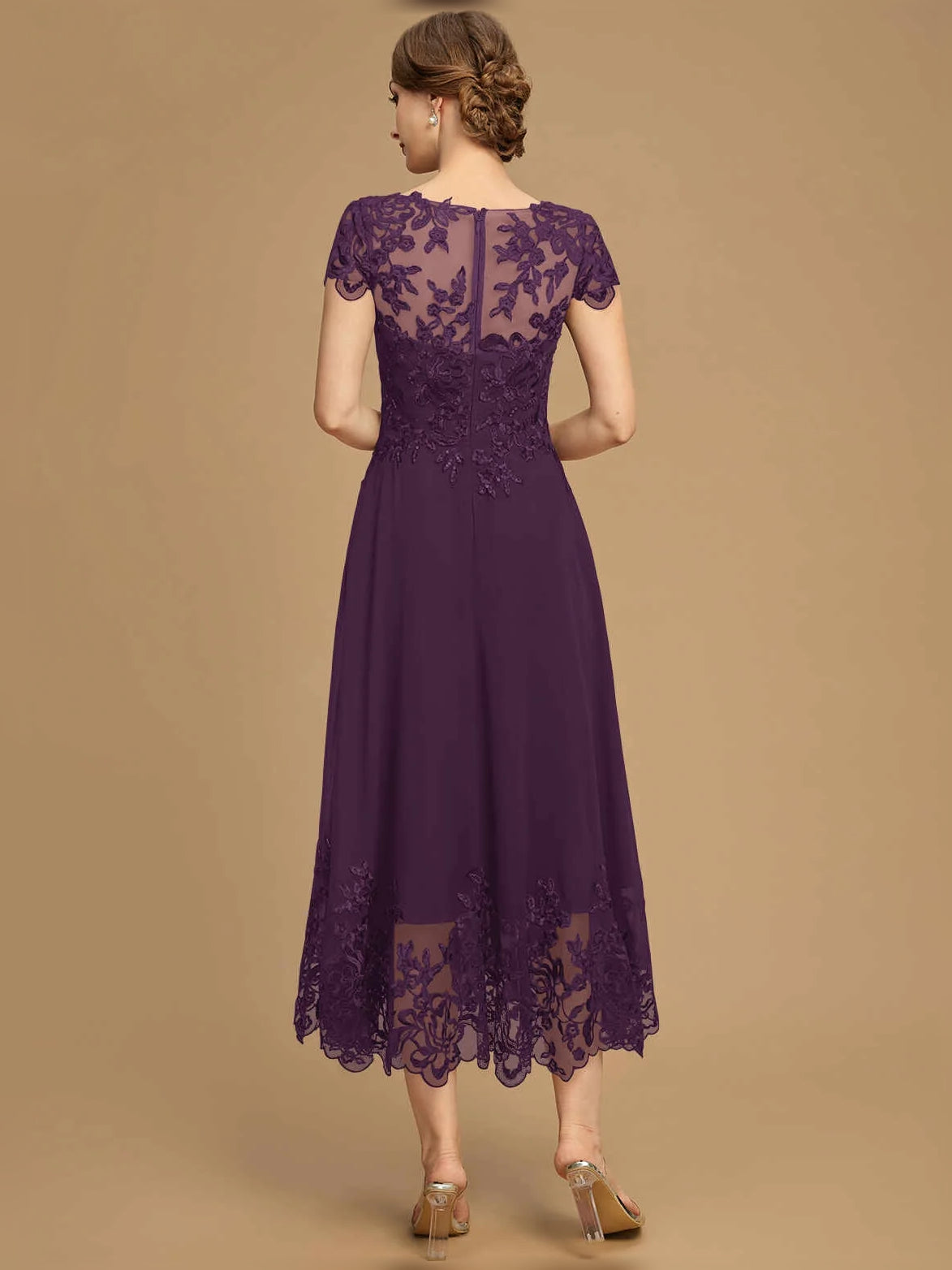 Plum sequin boat-neck A-line chiffon tea-length mother-of-the-bride dress with lace