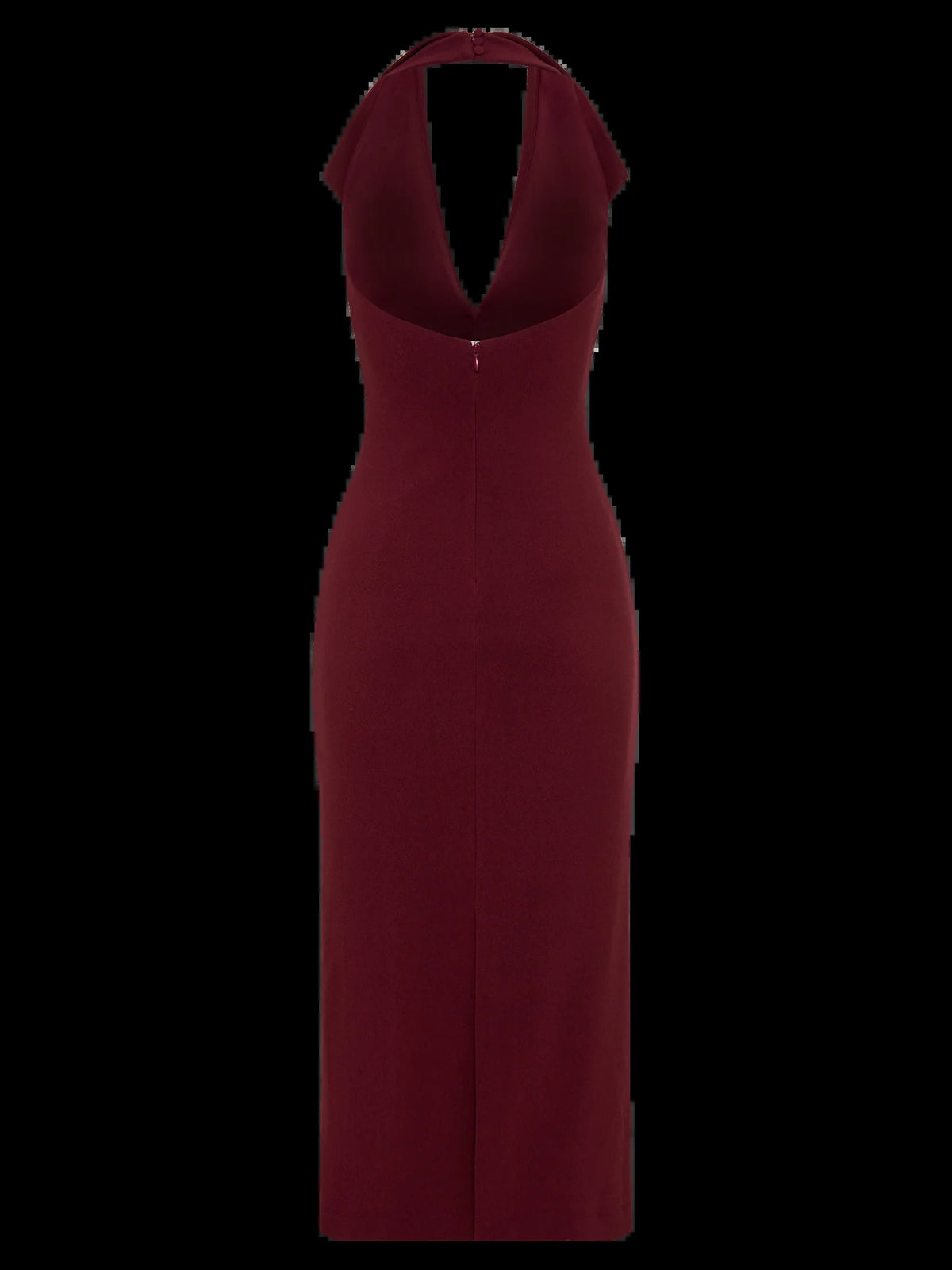 Merlot crepe halter midi dress on hanger, deep V neckline with button row