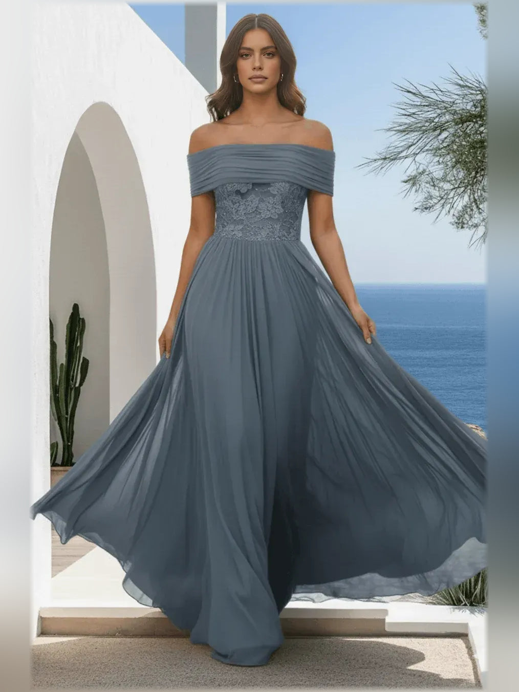Dusty blue off-the-shoulder A-line formal dress with lace bodice and floral detail