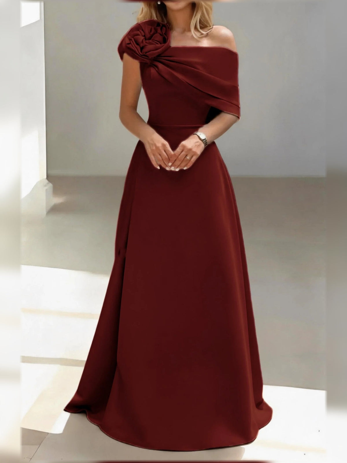 Mulberry satin one-shoulder A-line mother-of-the-bride dress with rosette shoulder