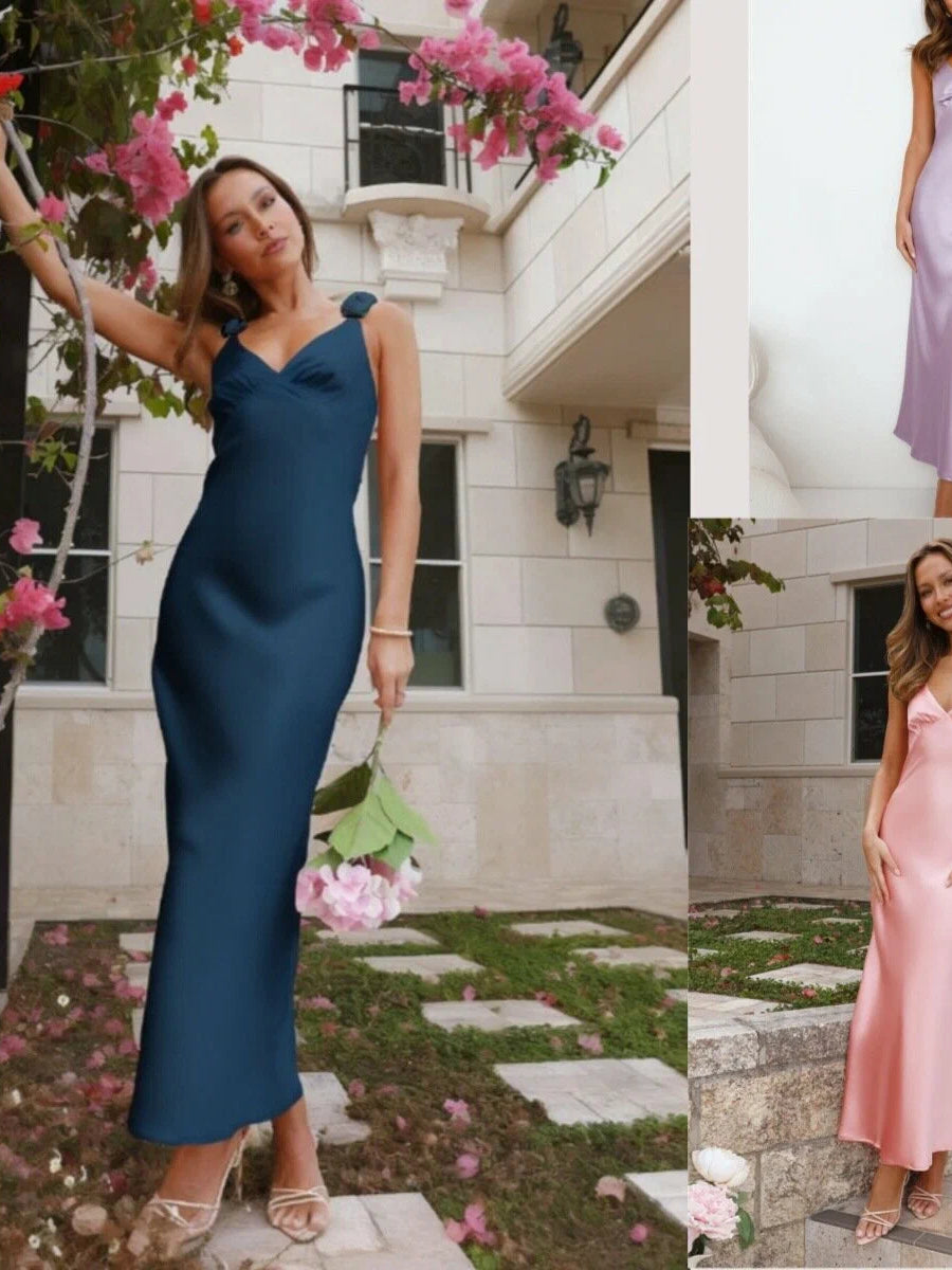 Blue satin backless V-neck mini dress with bow straps, shown from side
