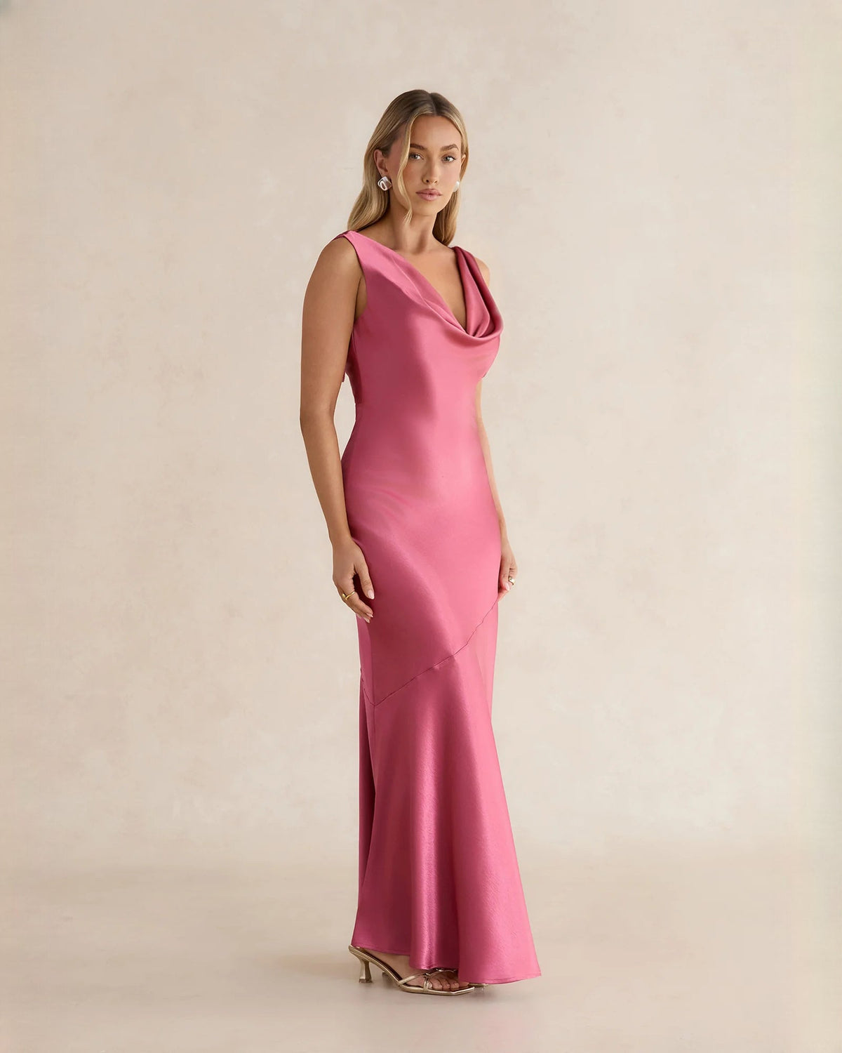 Pink satin sleeveless A-line maxi dress with cowl neckline and side slit