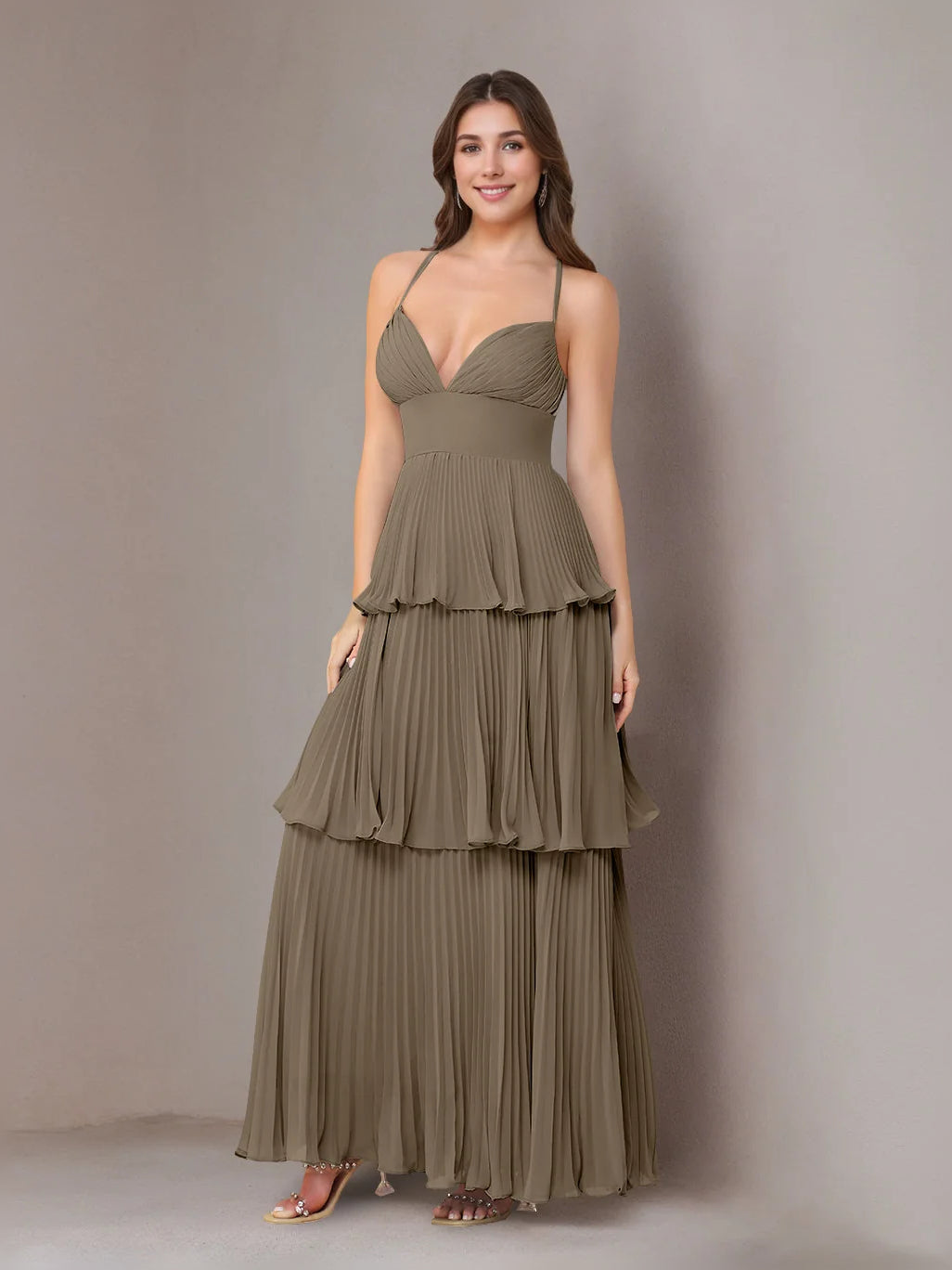 Taupe V-neck A-line tiered ruffle maxi chiffon dress with layered pleats