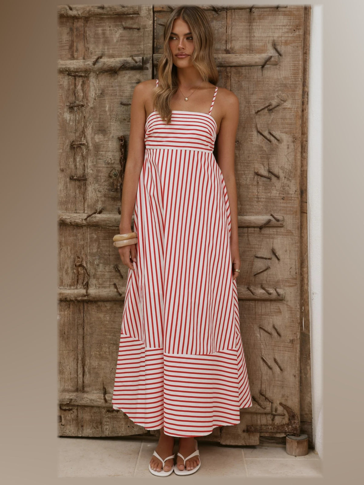 Red White Stripe maxi formal dress, alternate full-length view showing the overall shape