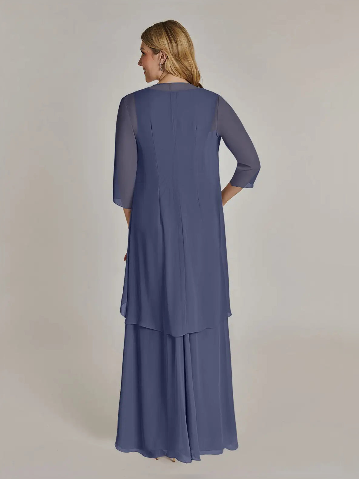 Stormy blue chiffon maxi dress, back view, layered skirt with soft draped detail