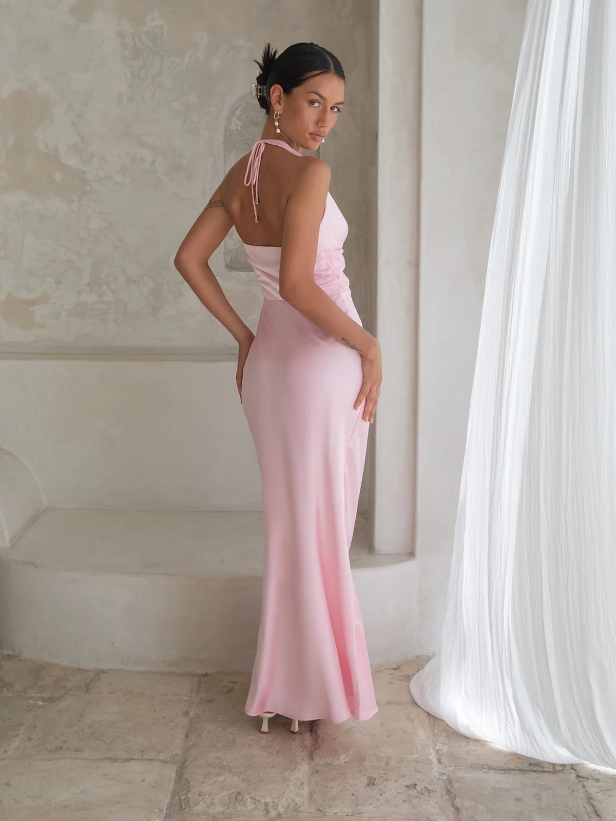 Pink maxi formal dress, alternate full-length view showing the overall shape