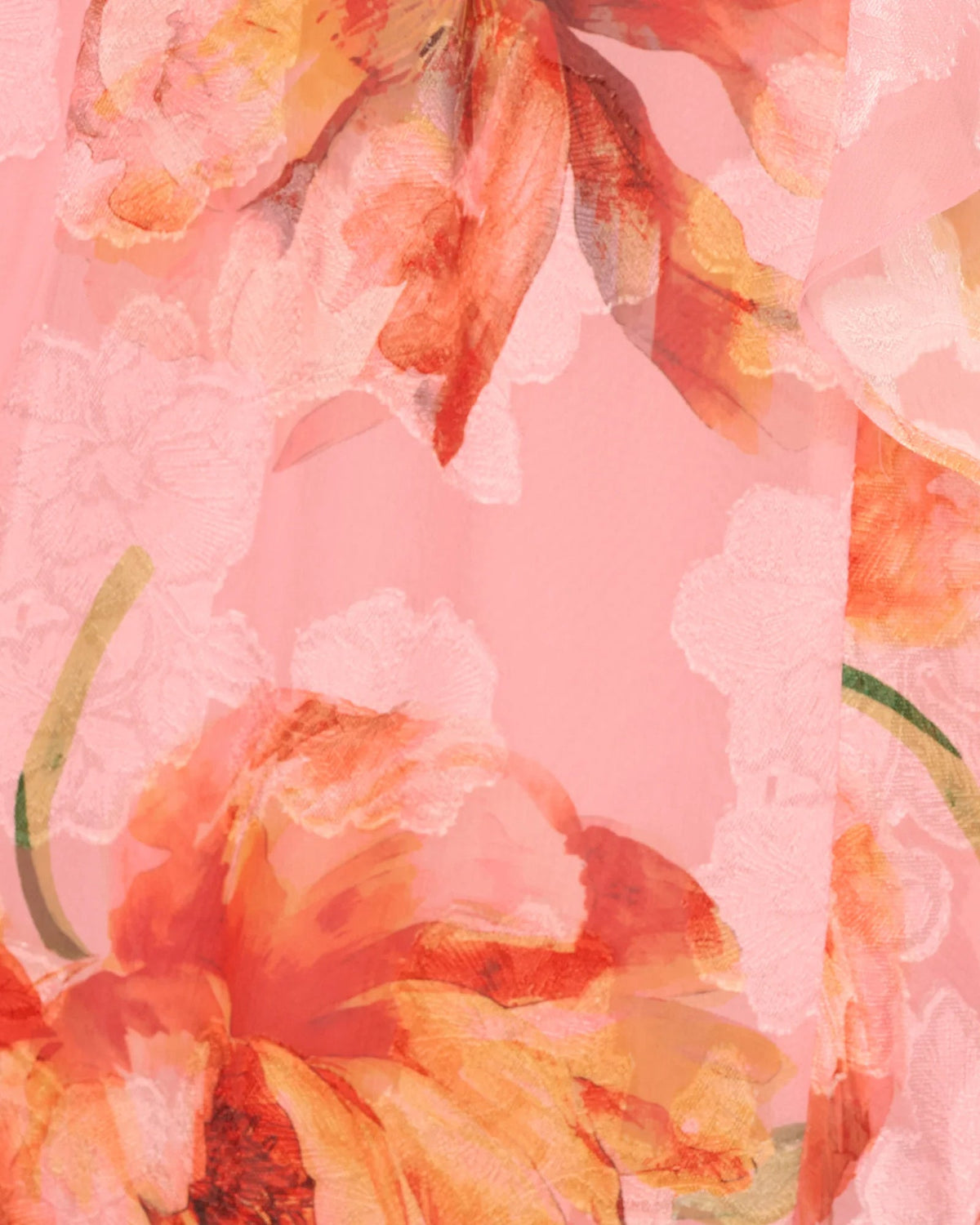 Pink floral print fabric close-up with layered sheer texture
