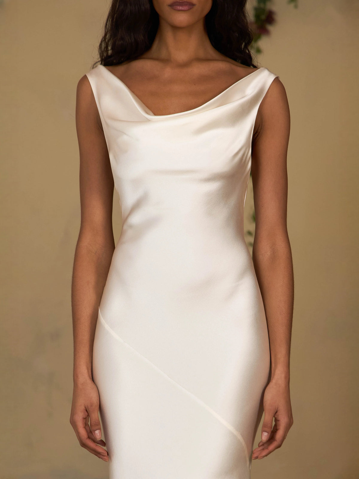 Ivory satin cowl-neck sheath maxi dress, sleeveless, draped bodice front detail