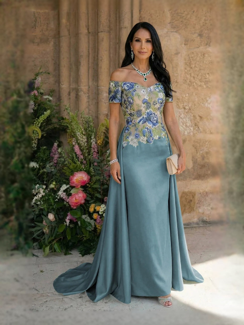 Dusty blue embroidered satin sheath dress with sweetheart neckline, short sleeves, draped floor skirt