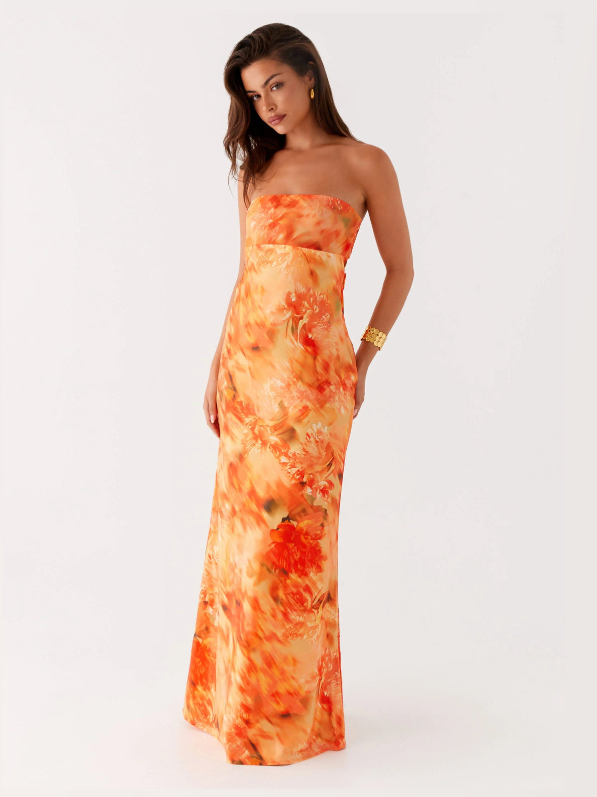 Orange Floral Print maxi formal dress, alternate full-length view showing the overall shape