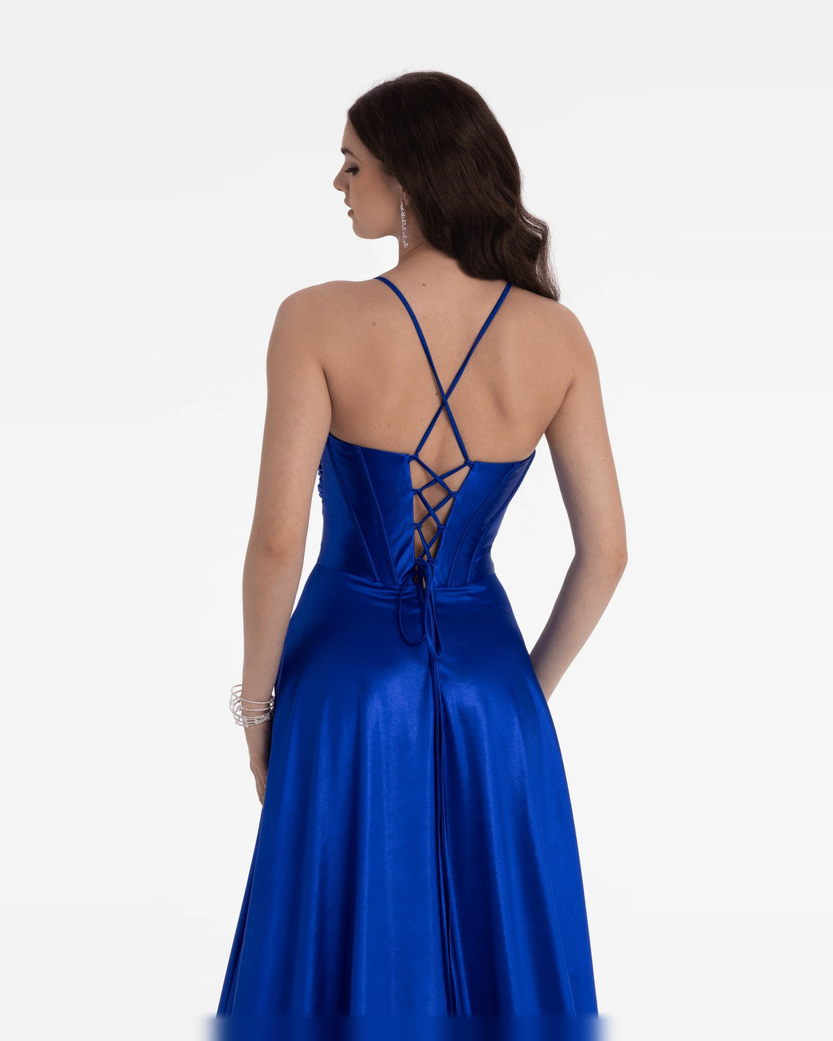 Blue corset ball-gown prom dress, open back with crisscross lacing and thin straps