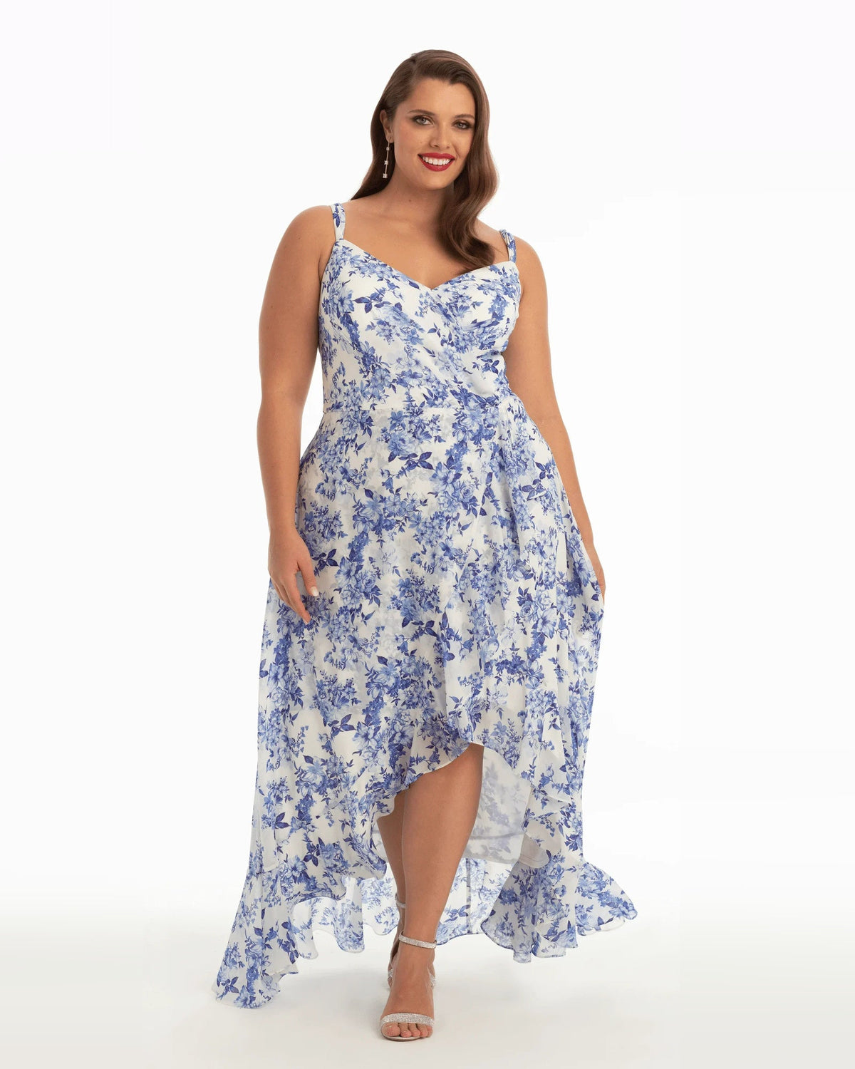 Blue floral print ruffle spaghetti-strap A-line high-low dress, draped skirt