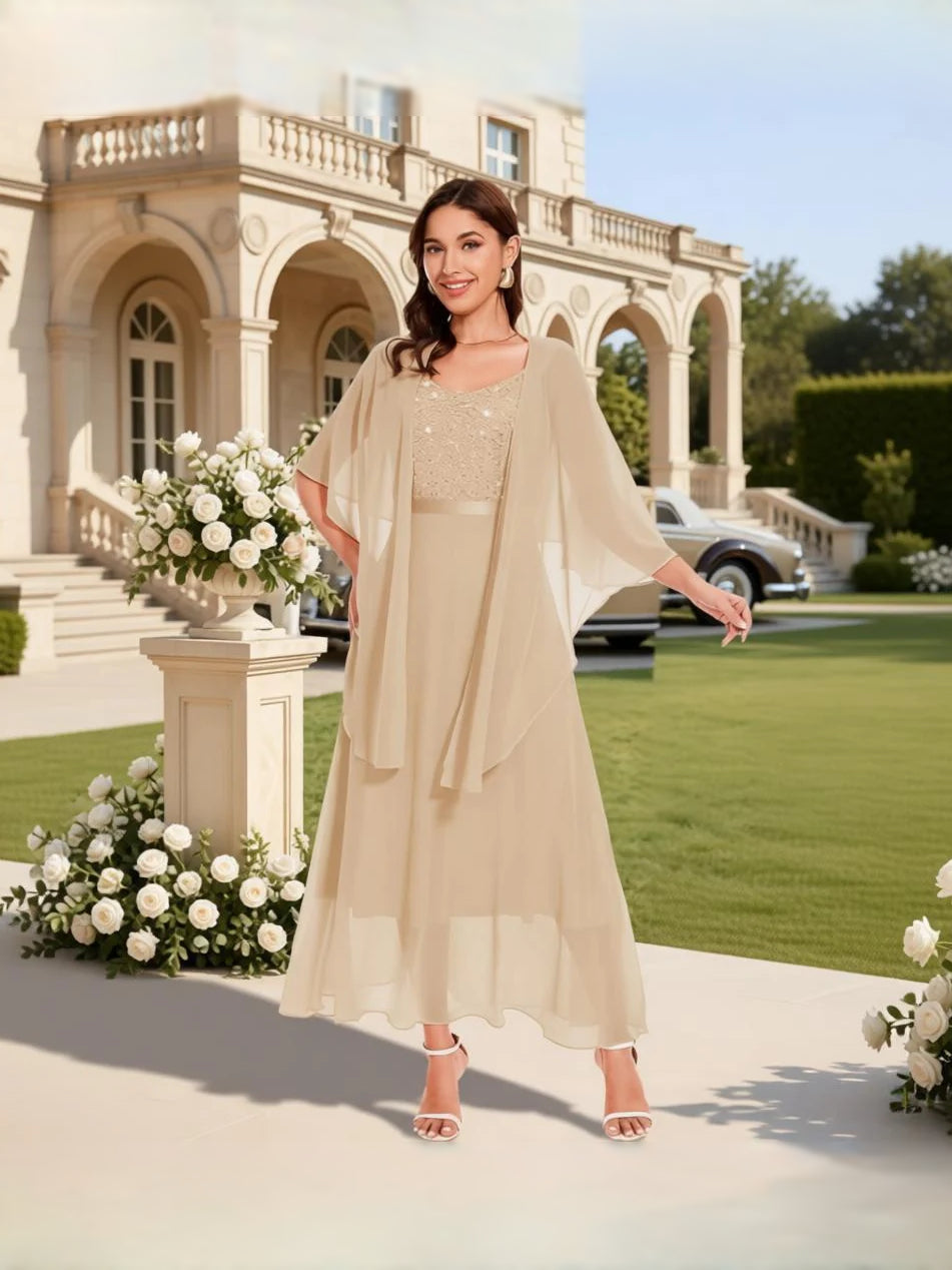 Champagne satin A-line midi dress with V-neck sequin bodice and chiffon cape overlay