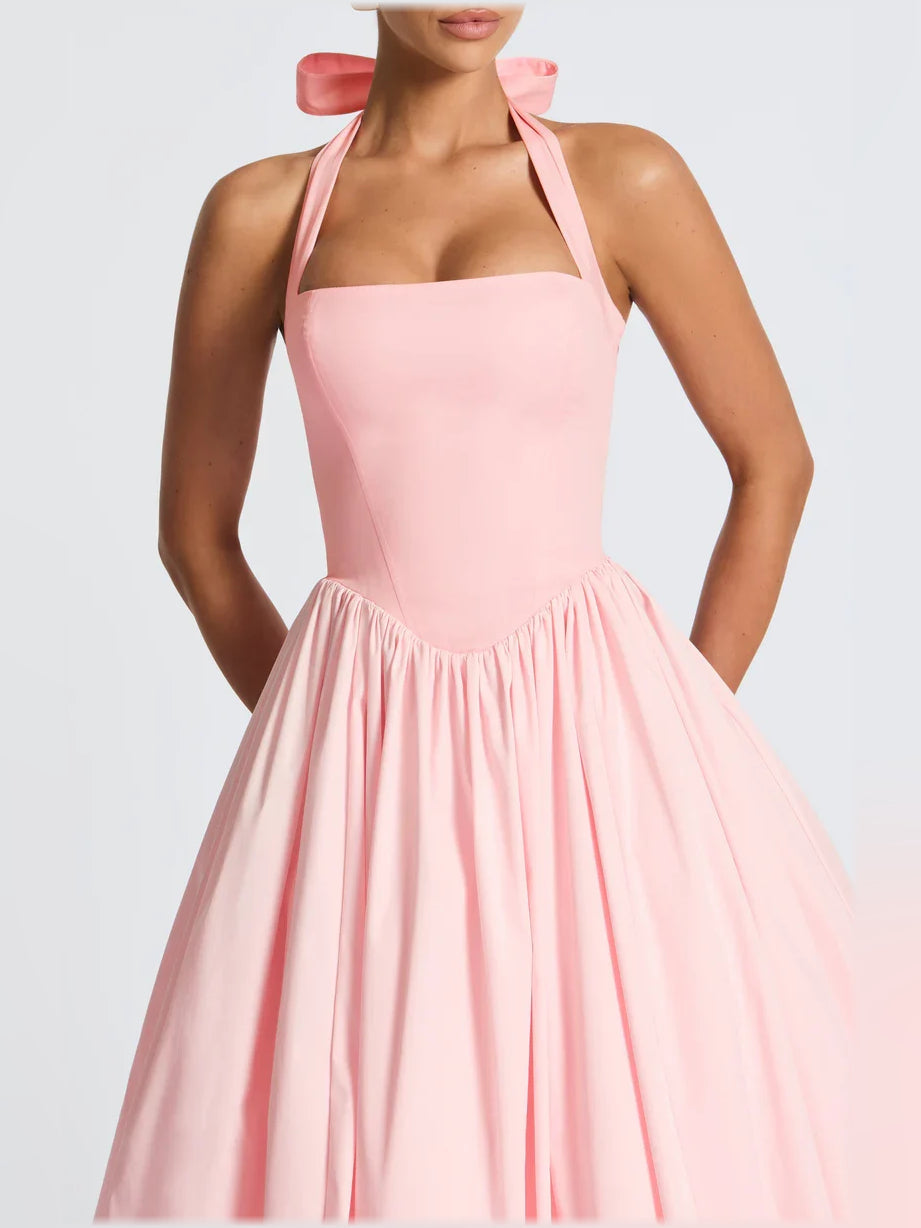 Blush pink halter midi formal dress with square neckline and gathered waist skirt