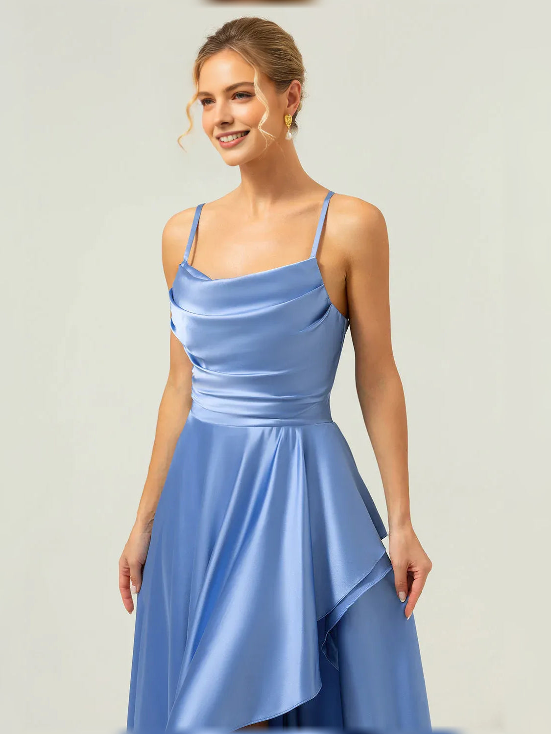 Blue formal satin maxi dress with spaghetti straps, ruched bodice, and asym ruffle hem