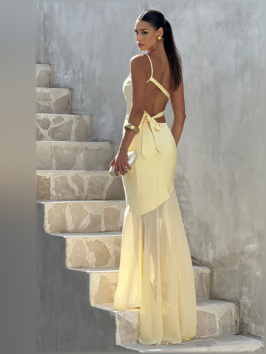 One-shoulder mermaid formal dress in light yellow, open-back detailing