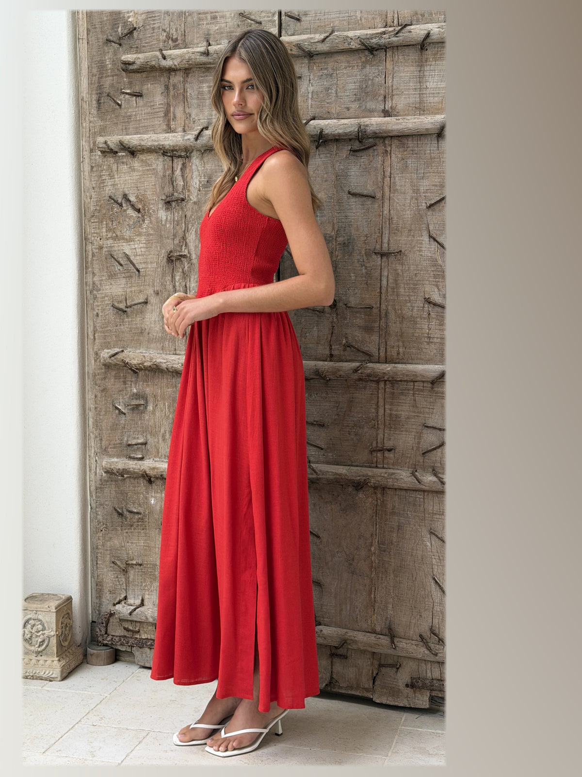 Red formal dress with maxi formal style