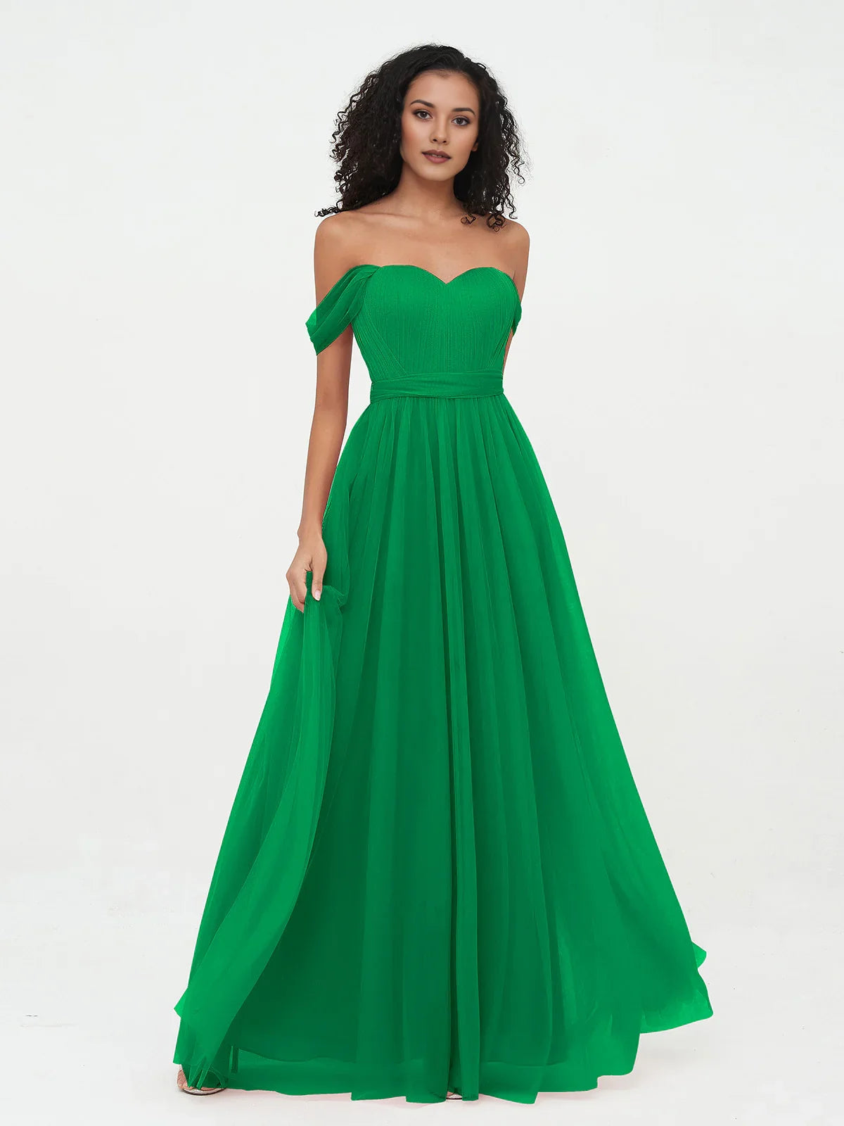Emerald green off-shoulder sweetheart A-line tulle dress with pleated skirt
