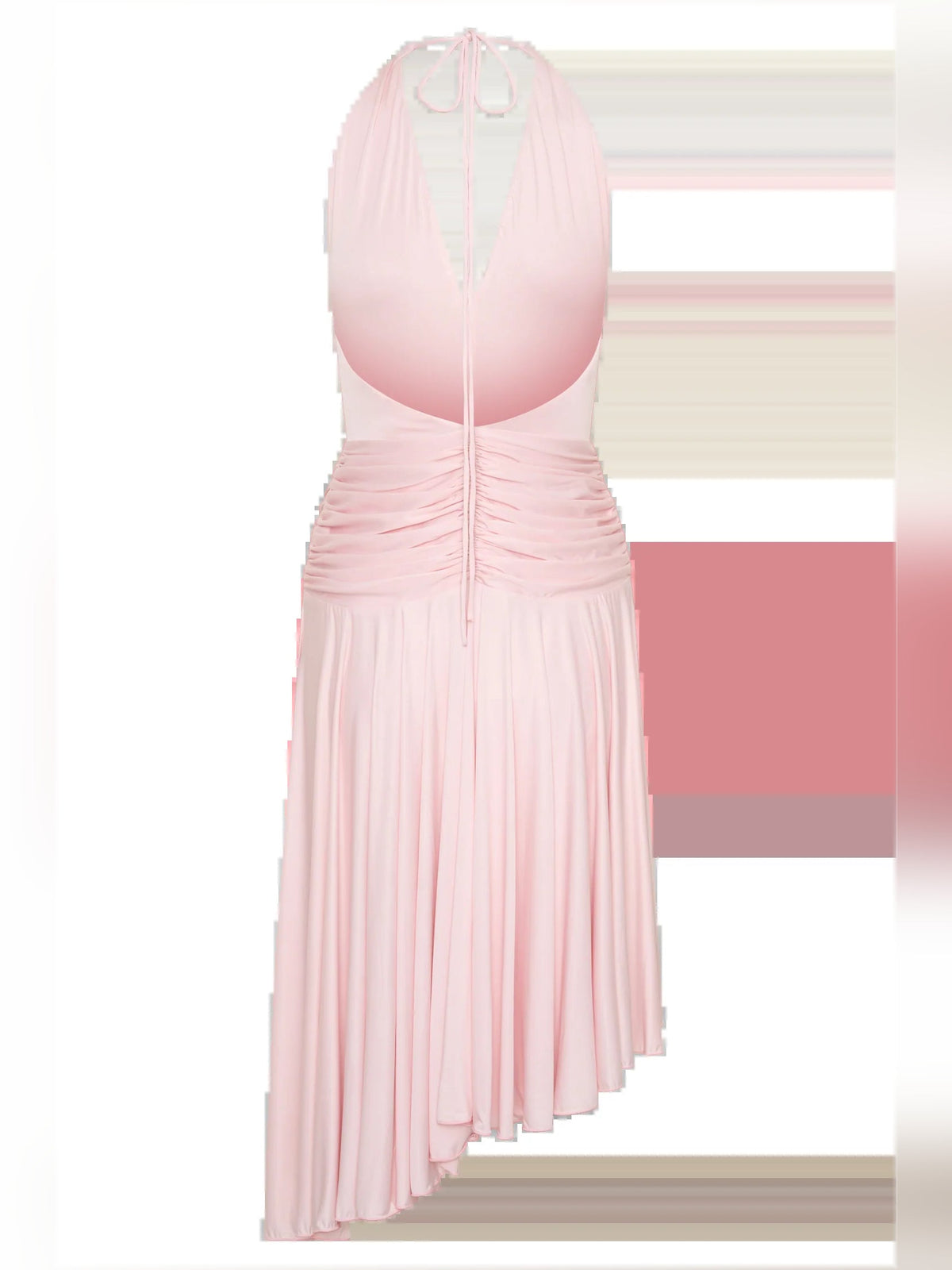 Pink halter midi dress with open back, ruched waist, and pleated asymmetrical skirt