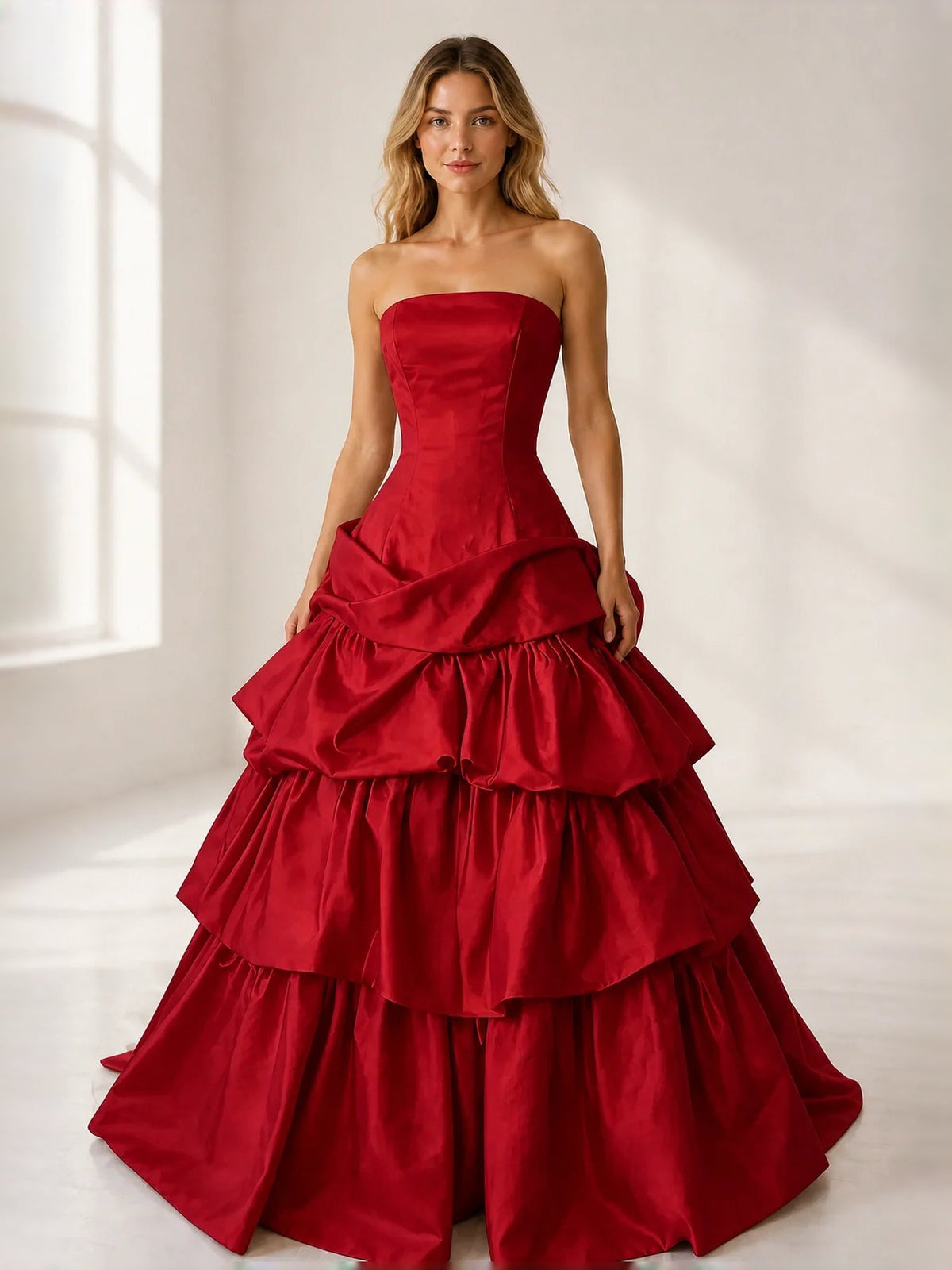 Red satin strapless corset ball gown with tiered ruffle skirt