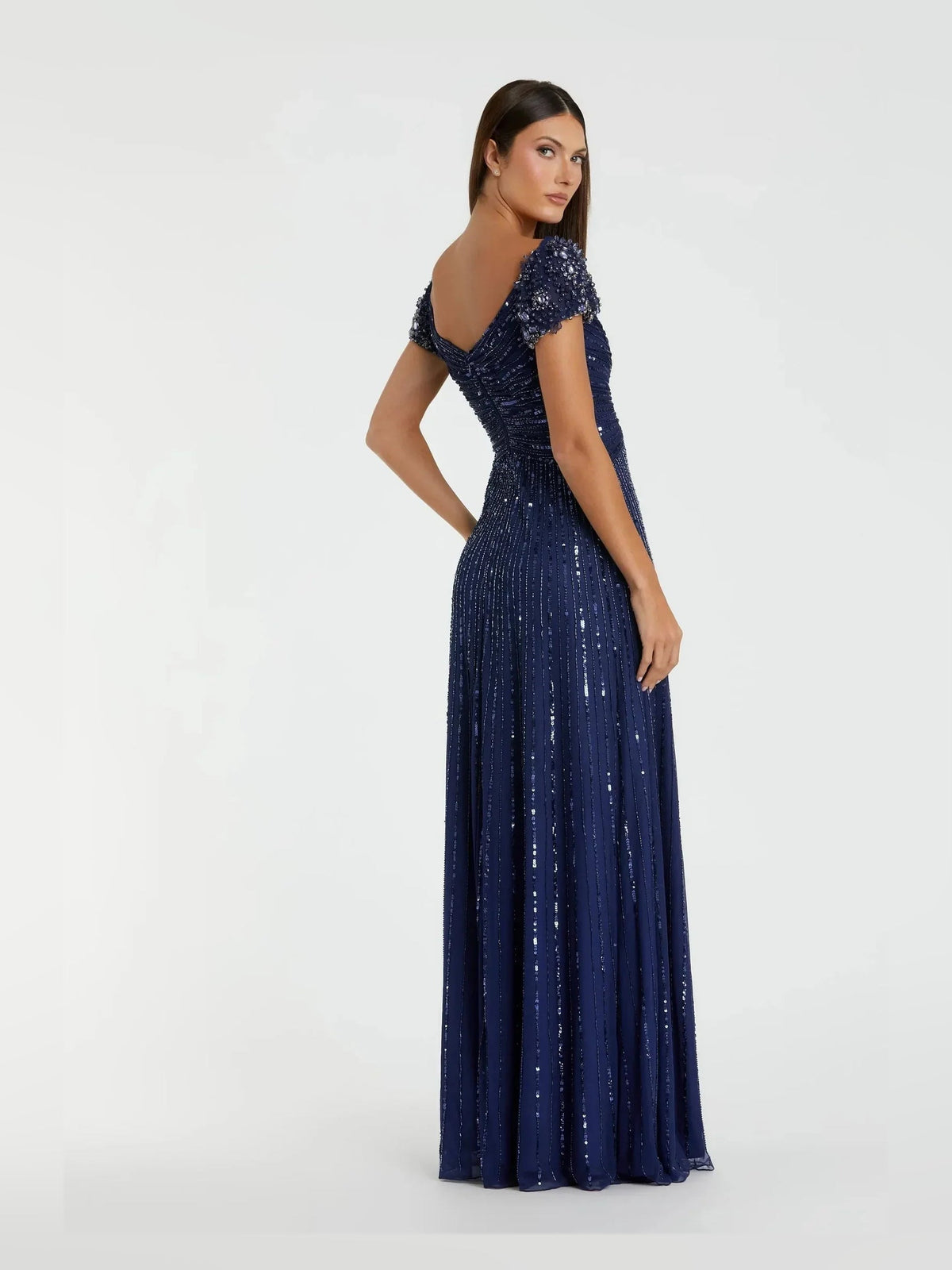 Navy blue floor-length formal dress with sweetheart neckline and all-over beaded shimmer