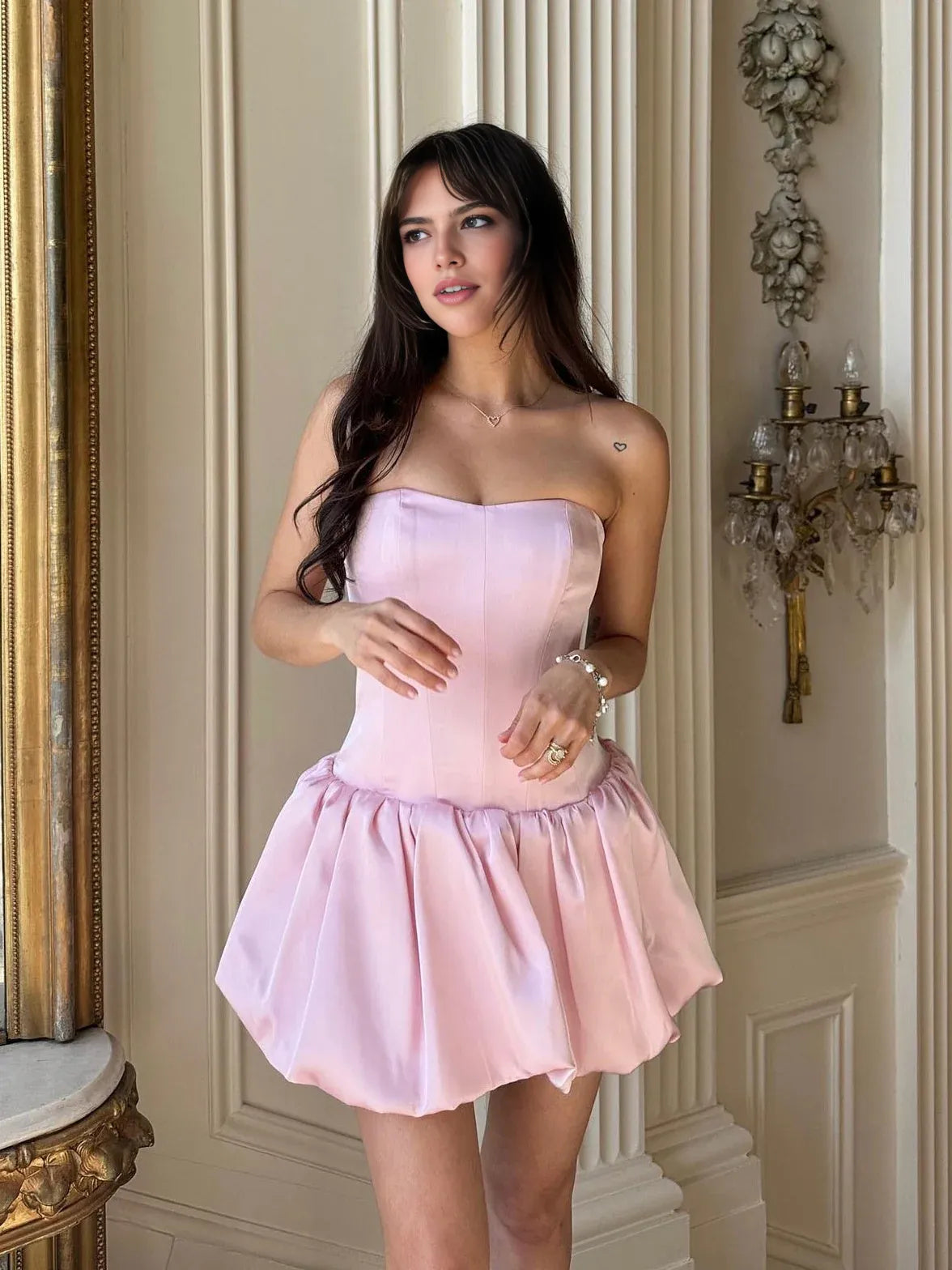 Pink strapless satin corset mini dress with sweetheart neckline and gathered waist