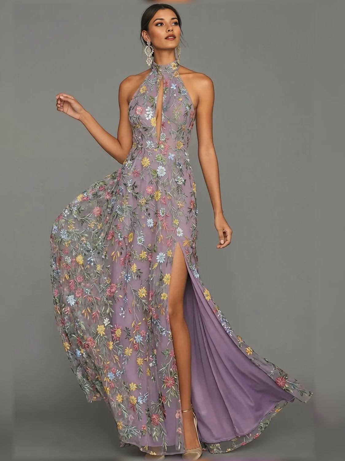 Lavender floral halter neck formal dress with dramatic side slit, floor-length