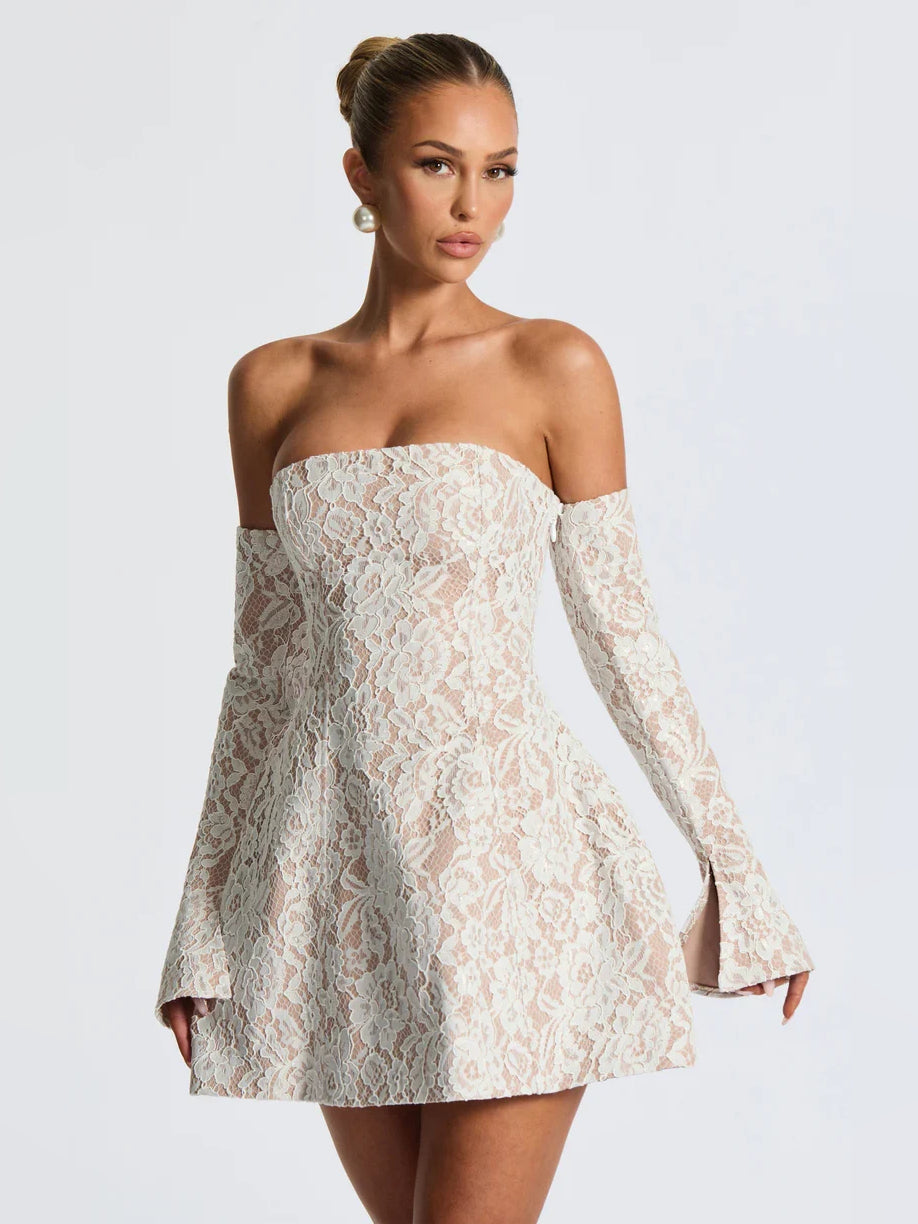 Ivory floral lace strapless A-line mini dress with flared skirt and long sleeves
