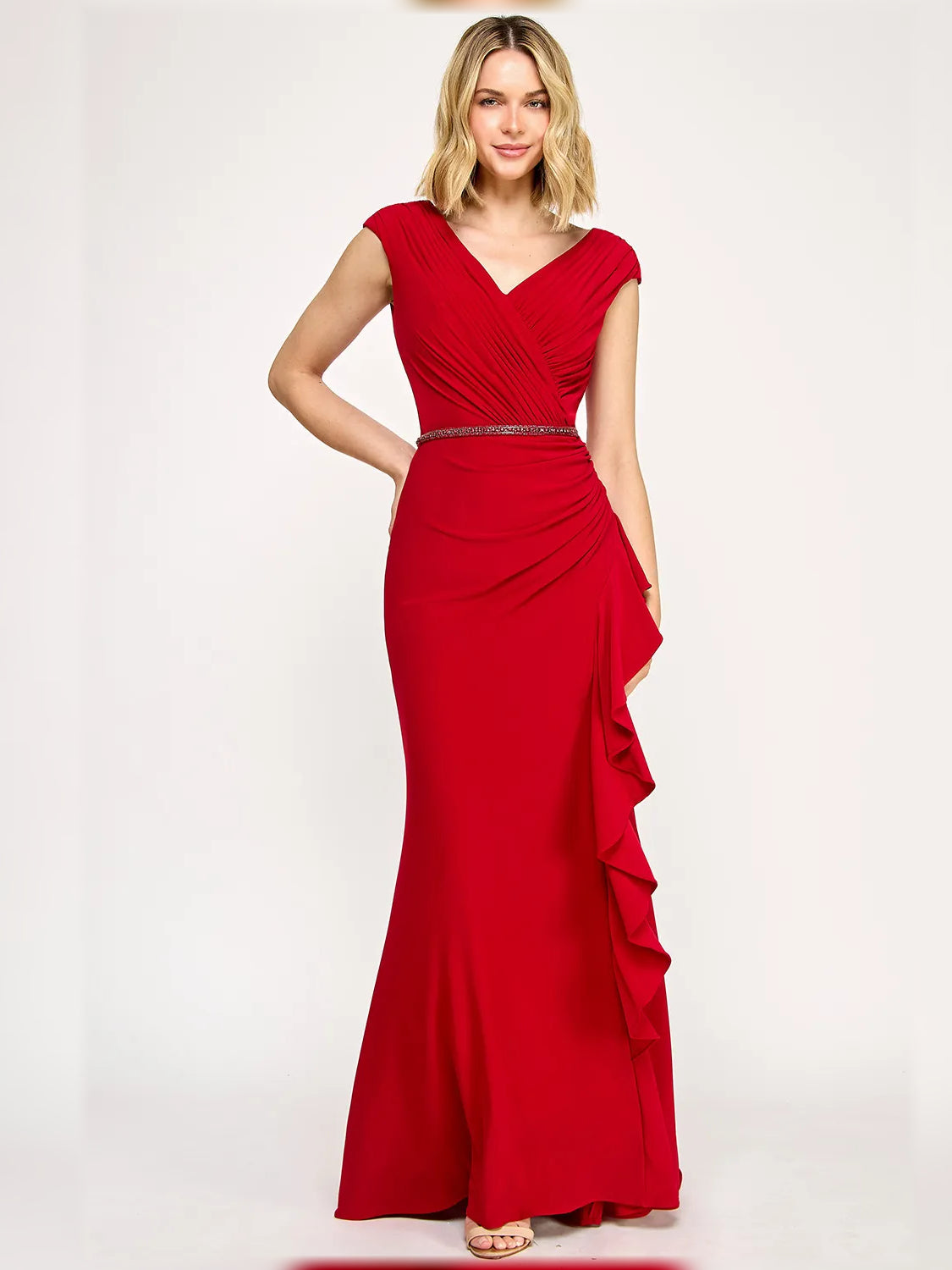Floor-length V-neck ruching dress, crimson red with ruched waist and layered ruffles