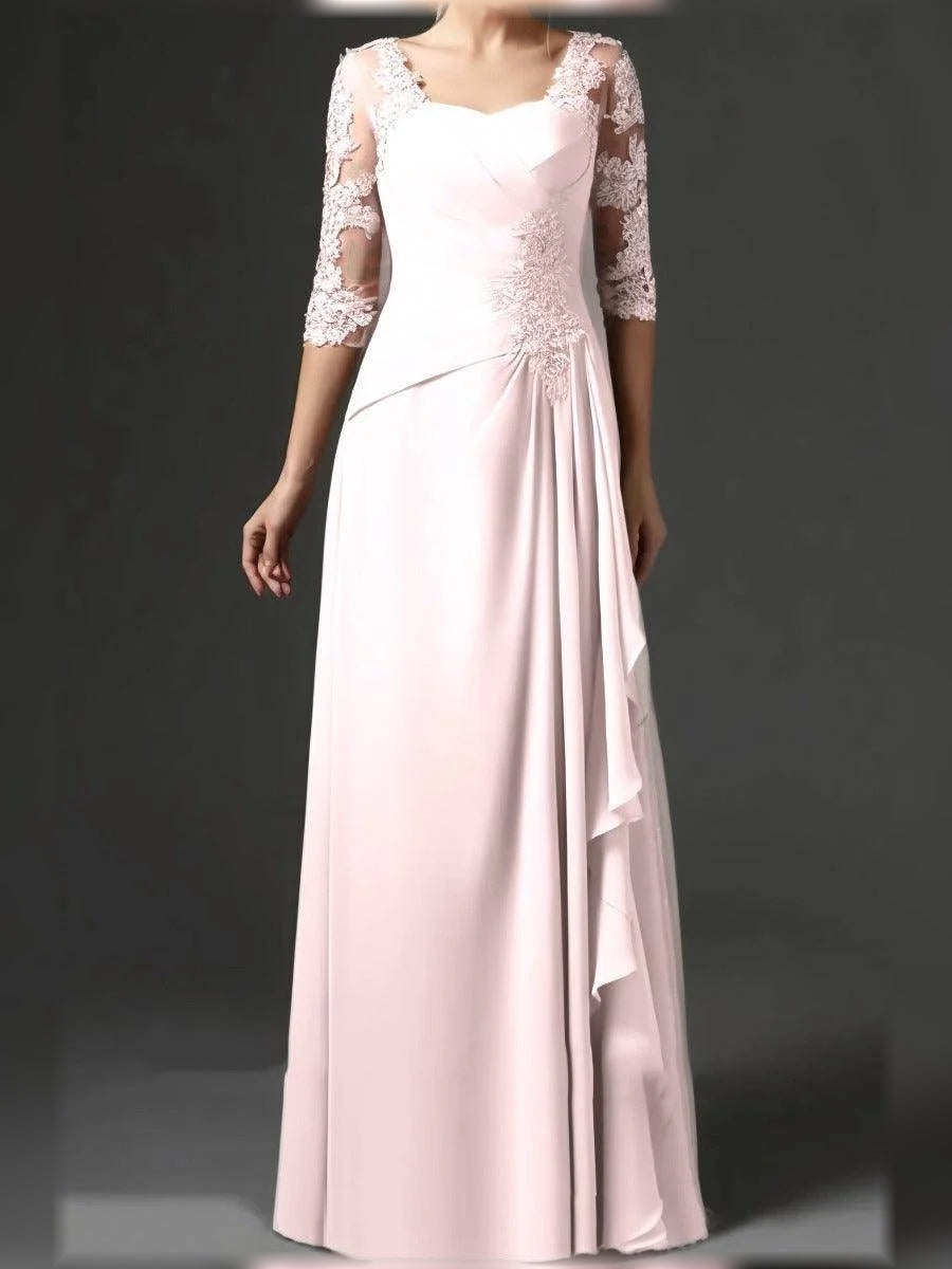 Light pink chiffon mother of the bride dress, square neck, lace sleeves, draped ruched waist