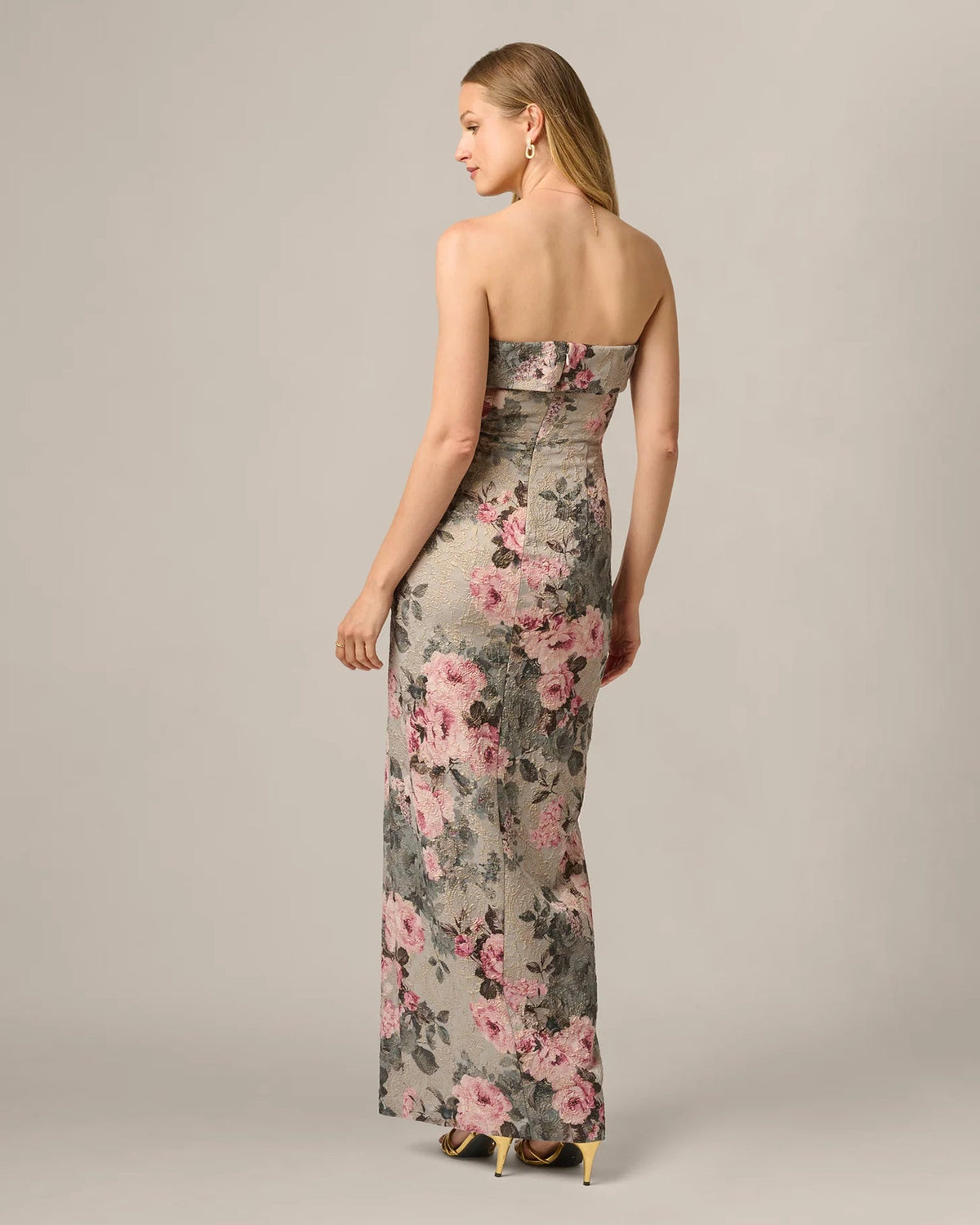 Back view: strapless floral print maxi sheath dress with column silhouette
