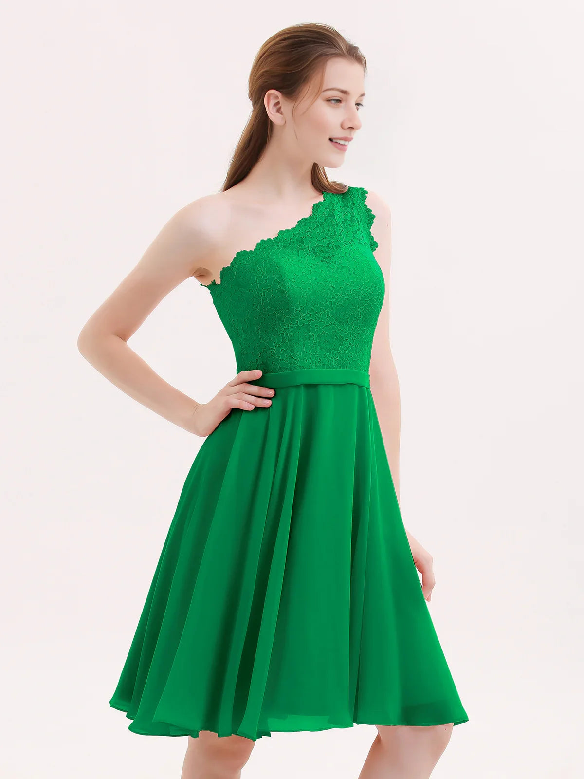One-shoulder chiffon A-line short dress in emerald green with textured bodice and pleated skirt