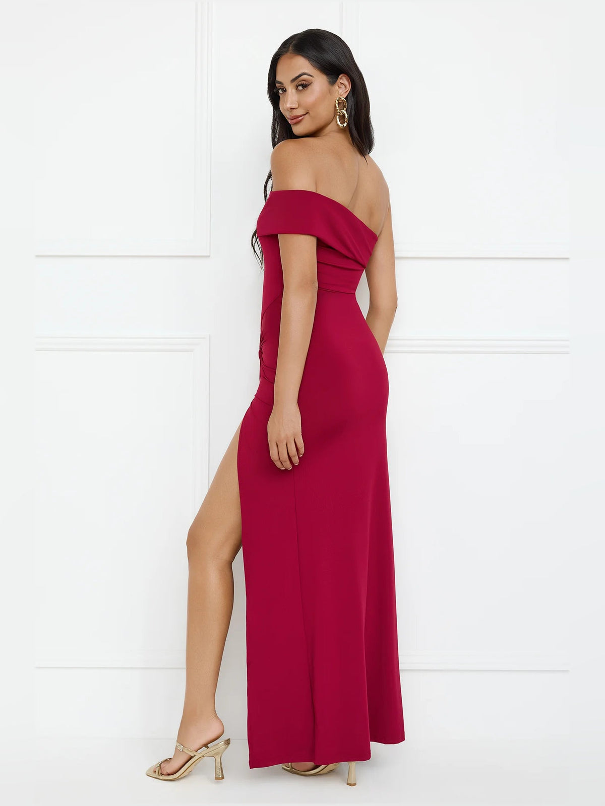 Burgundy sheath maxi formal dress with skirt slit, alternate view showing the hem