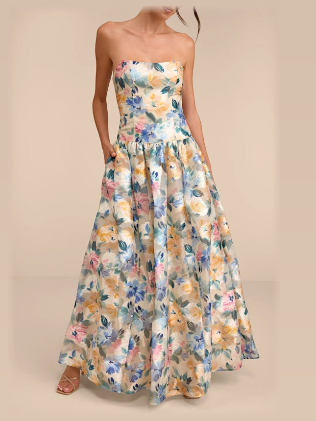 Champagne Blue Peach Floral Print maxi formal dress, alternate full-length view showing the overall shape