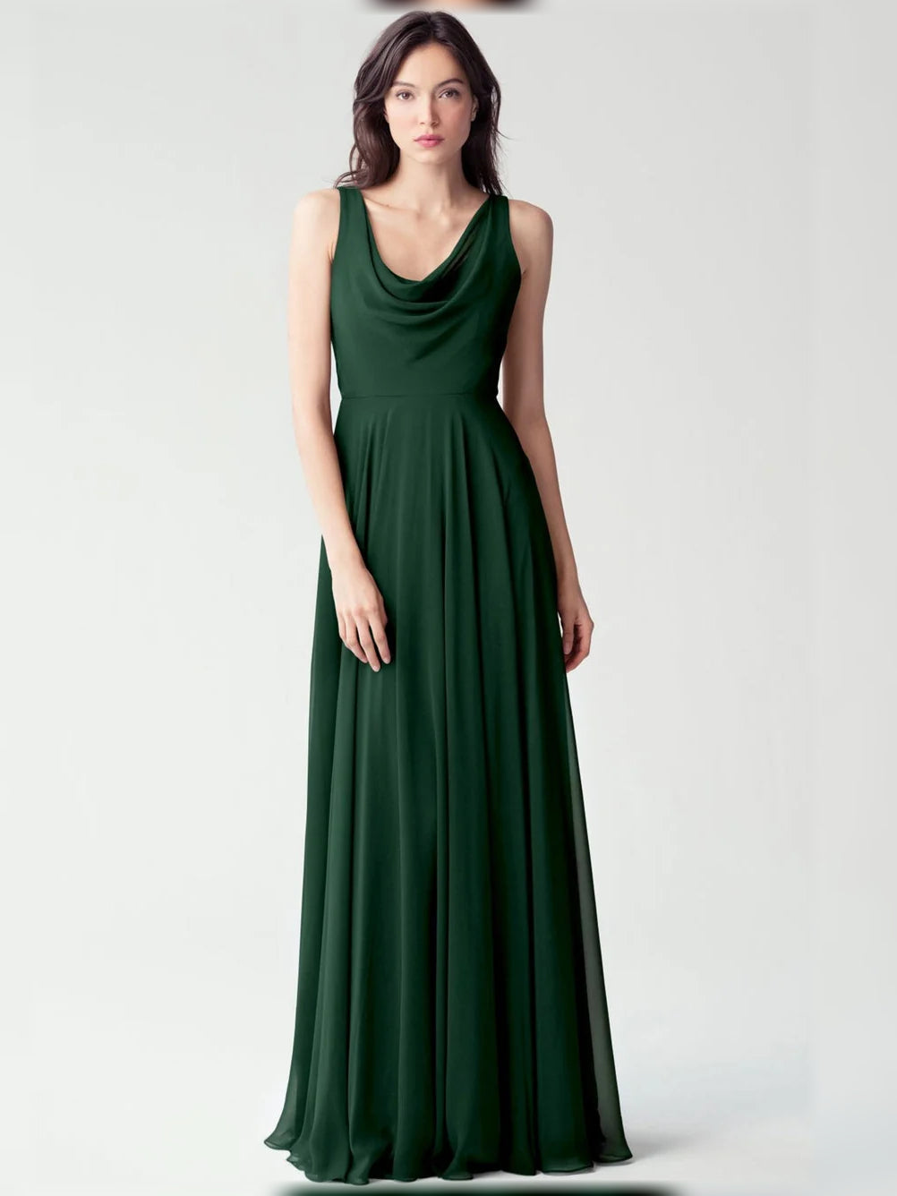 Dark green cowl-neck A-line chiffon floor-length dress, sleeveless