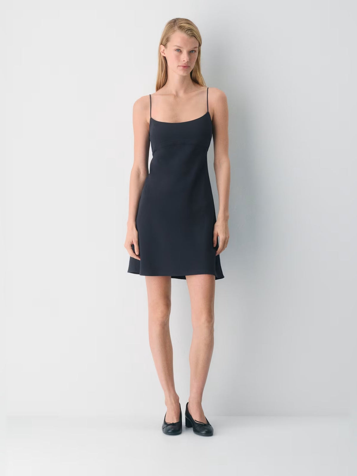Navy mini crepe homecoming dress, sleeveless spaghetti straps, short straight fit