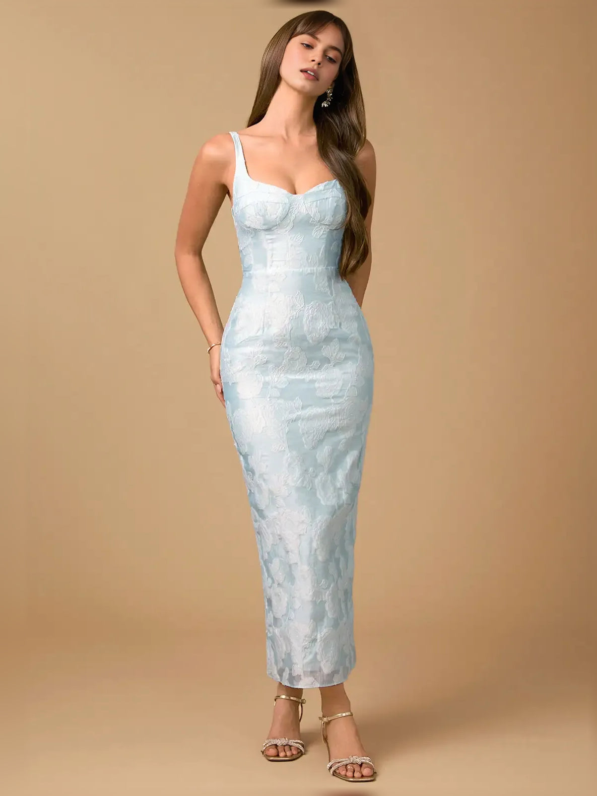 Floral print midi formal dress with sweetheart neckline and spaghetti straps, light blue front view
