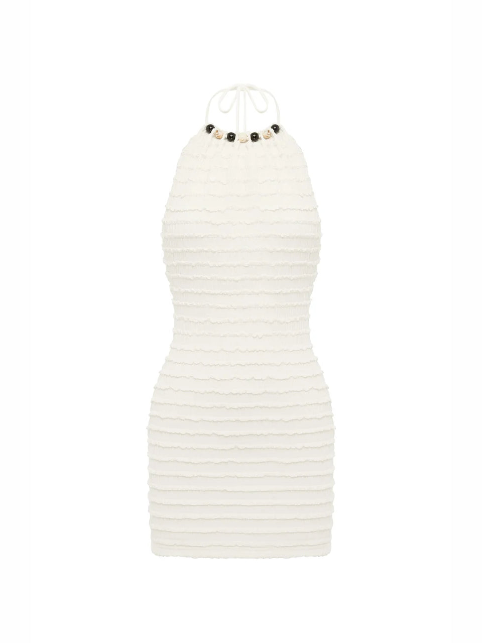 White halter neck ruched mini bodycon dress, sleeveless with bead accents