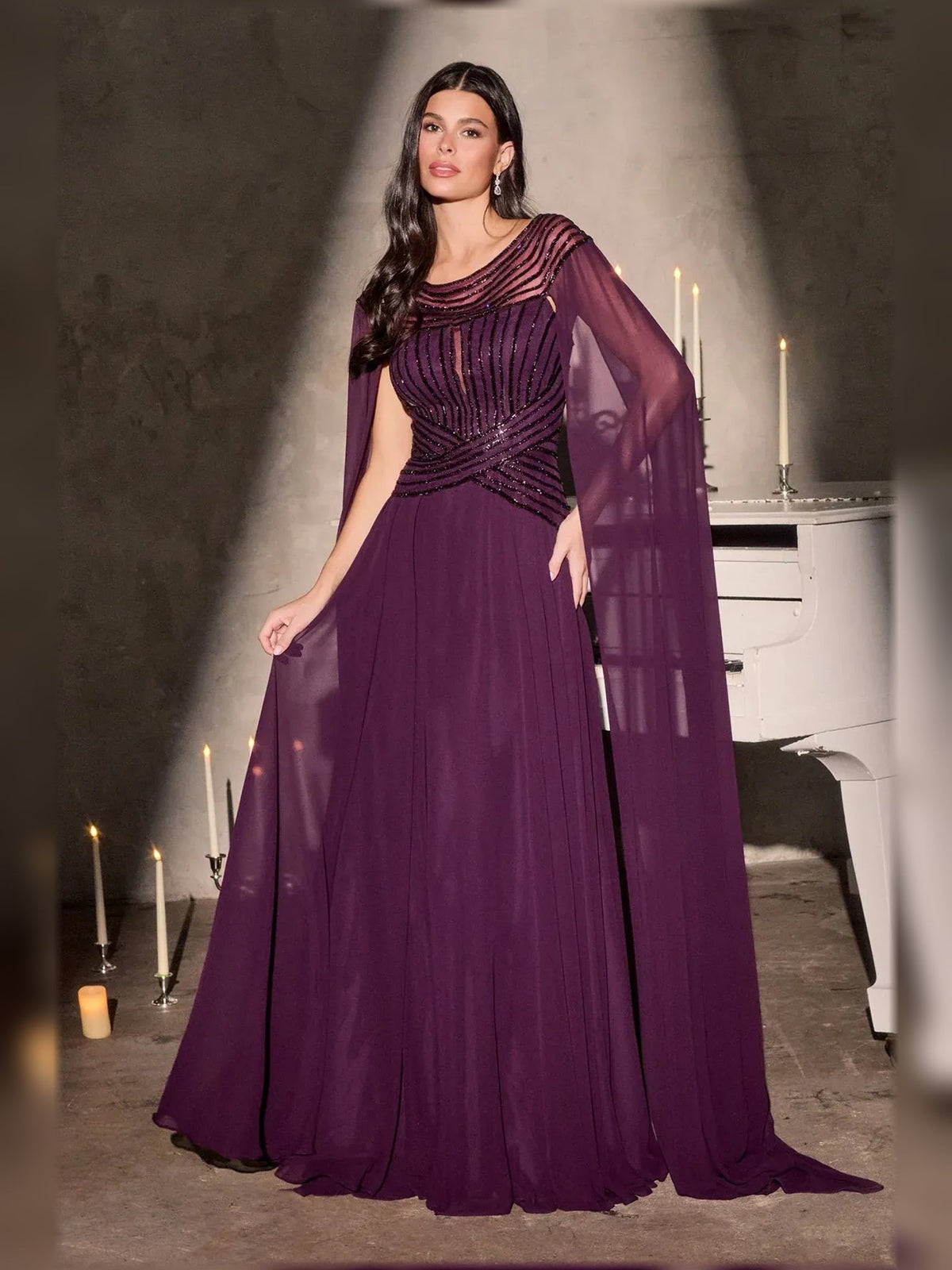 Deep purple chiffon A-line mother-of-the-bride dress with beaded bateau neckline and sheer cape