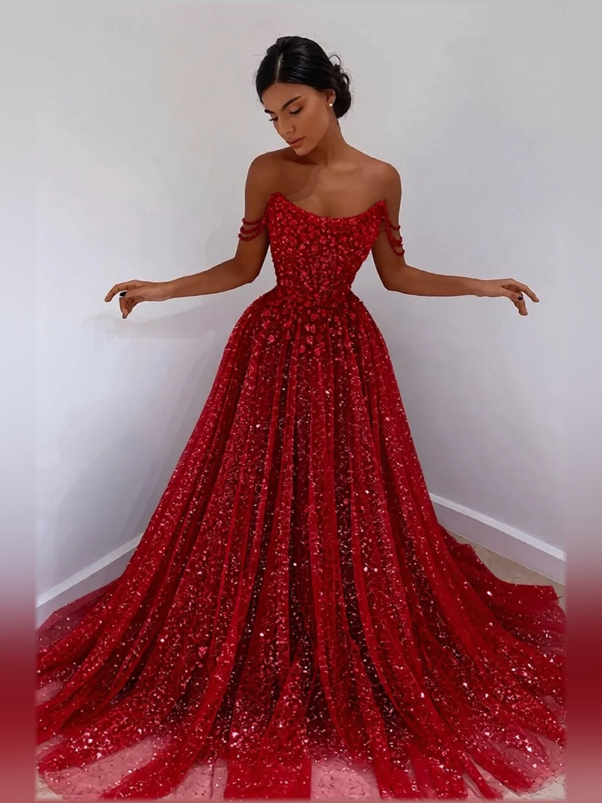 Red off-shoulder sweetheart glitter tulle formal dress with floral appliqué