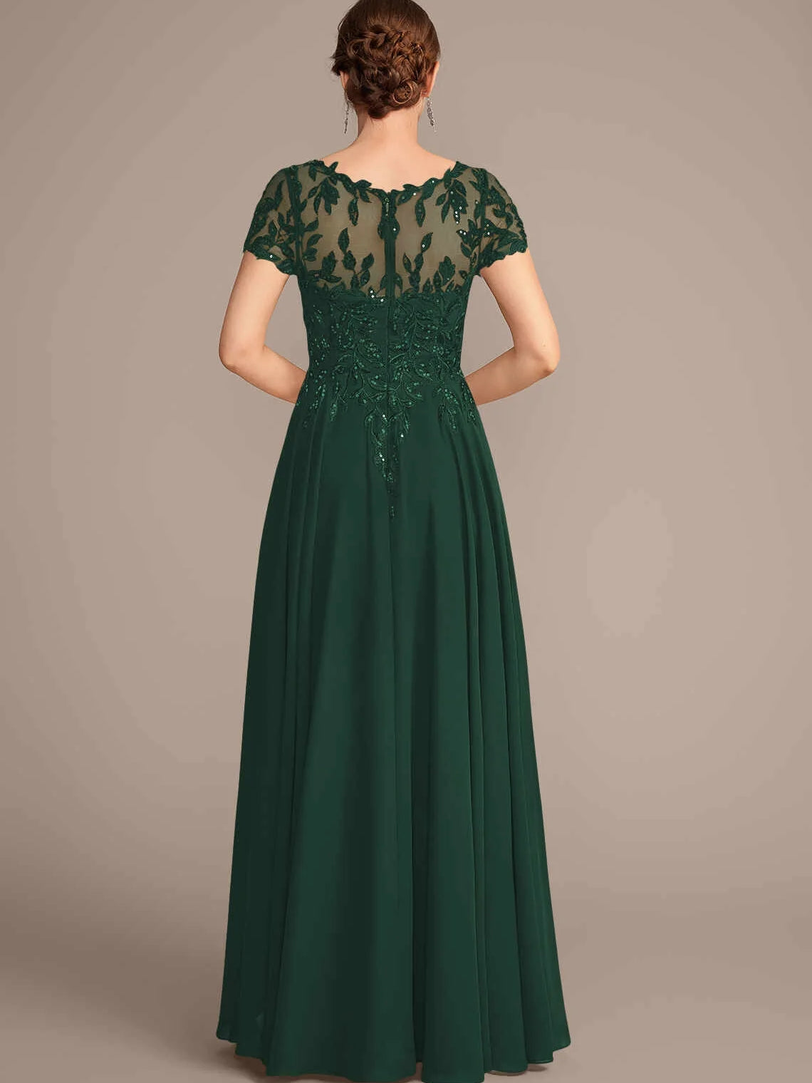 Green chiffon A-line mother of the bride dress with lace illusion yoke and short sleeves