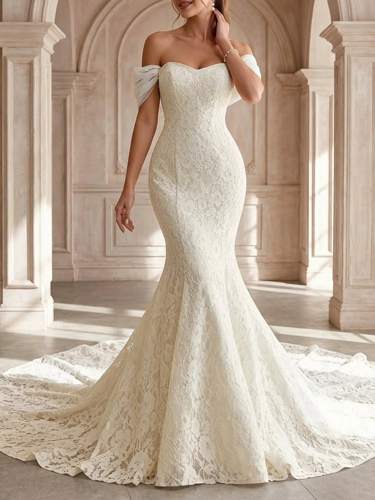 Ivory off-shoulder sweetheart lace mermaid gown with long flowing train