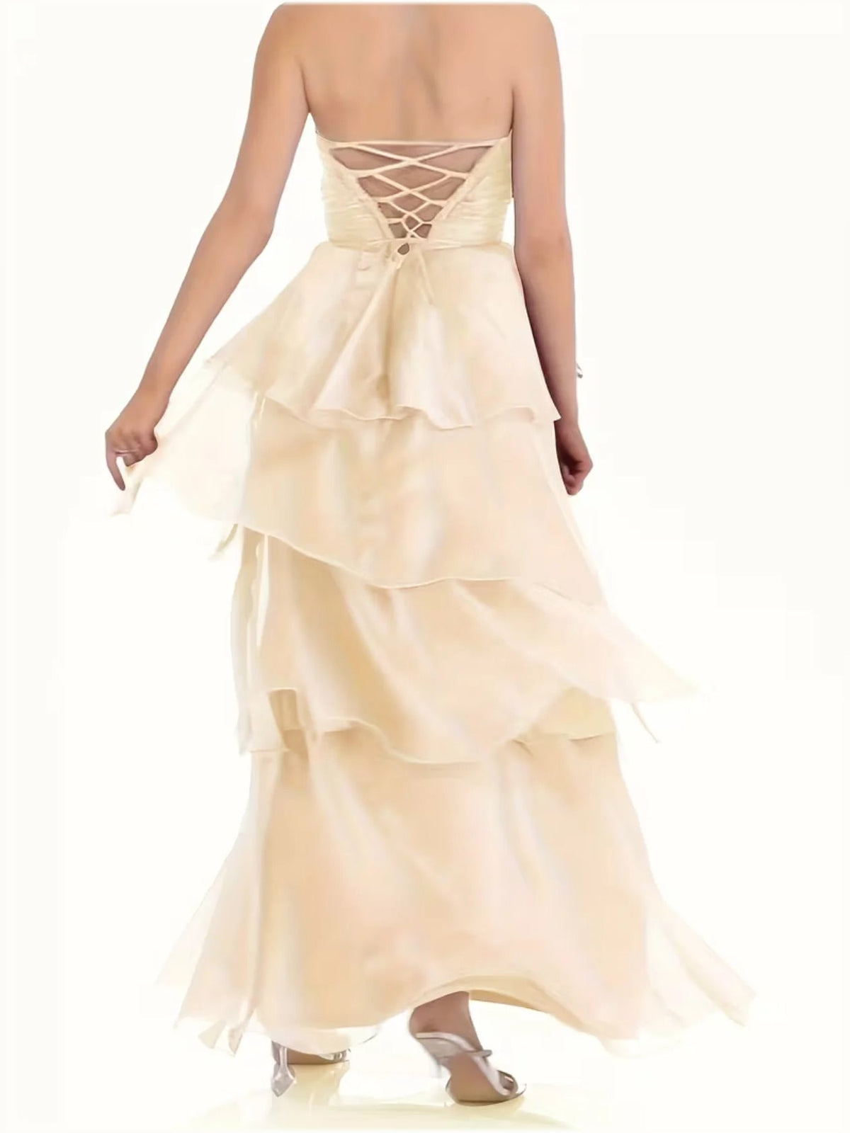 Apricot wedding dress with crisscross lace-up open back and tiered ruffle skirt