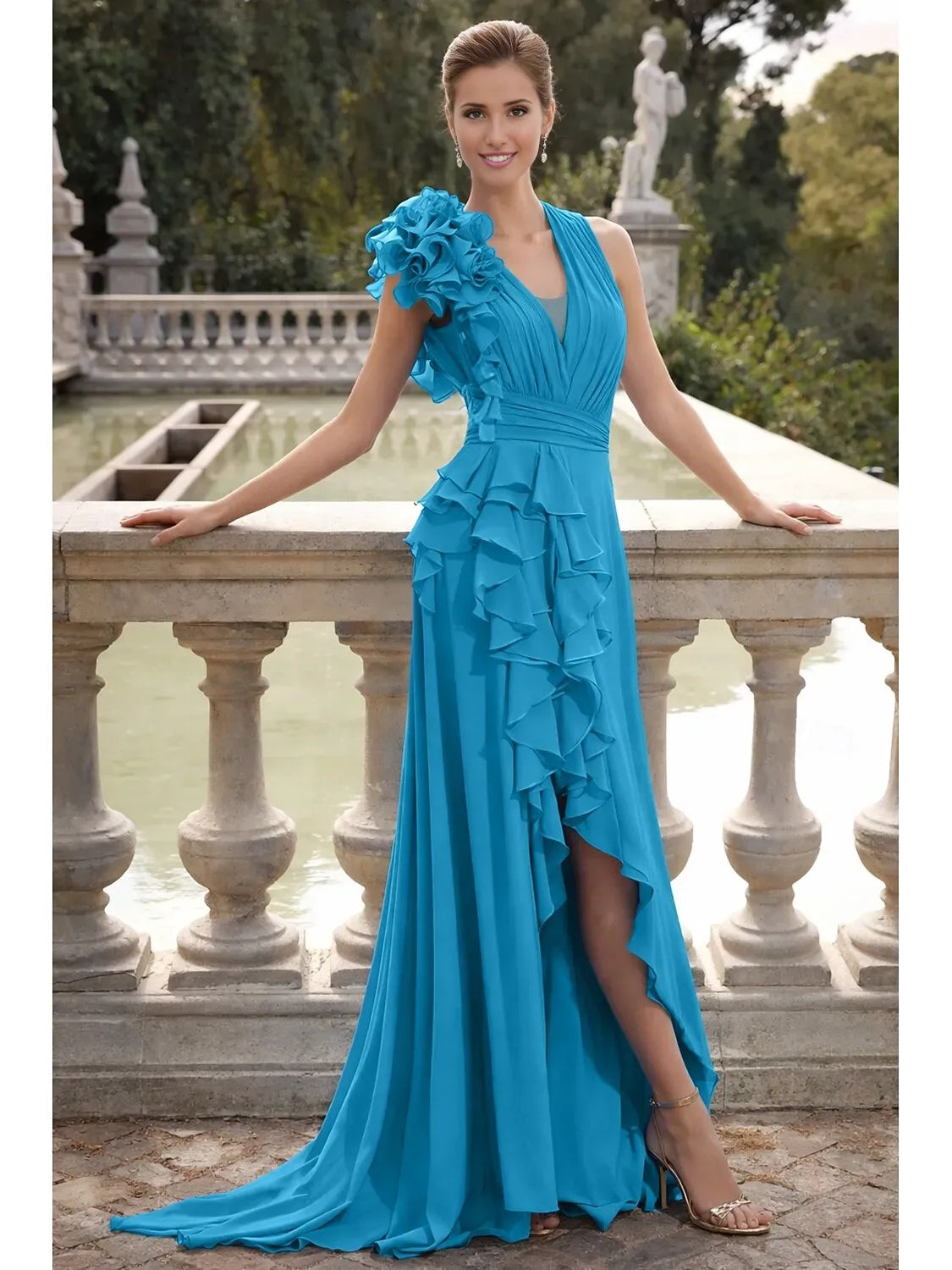 Turquoise ruched ruffled A-line maxi chiffon V-neck prom dress with side slit