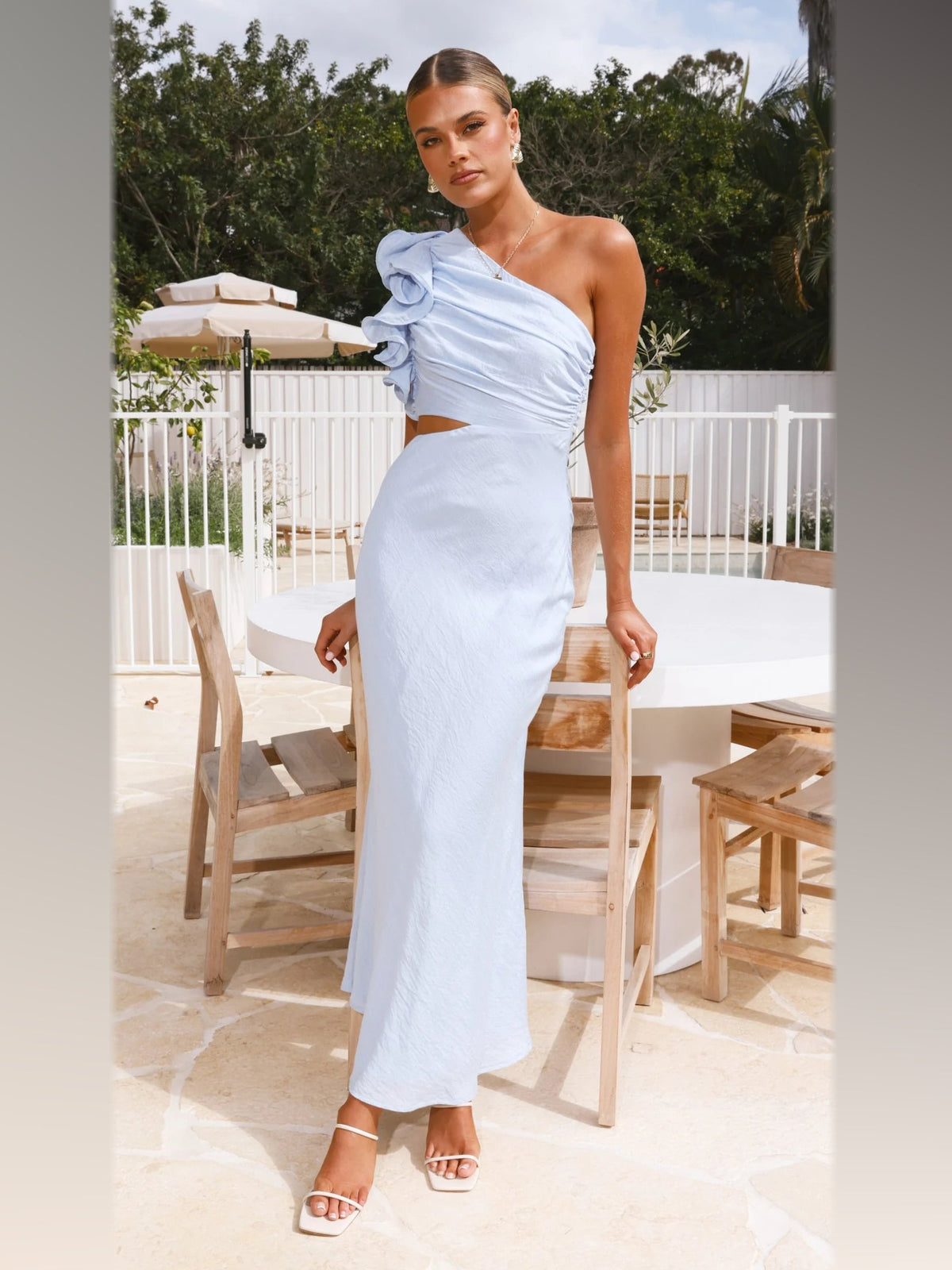 Blue maxi formal dress, alternate full-length view showing the overall shape