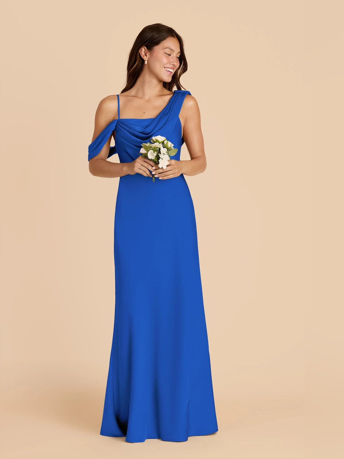One-shoulder satin formal dress in blue, sleeveless one-shoulder drape and floor length