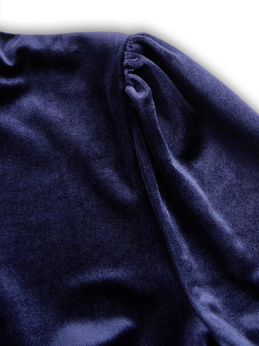 Navy blue velvet ruched side with gathered seam detail