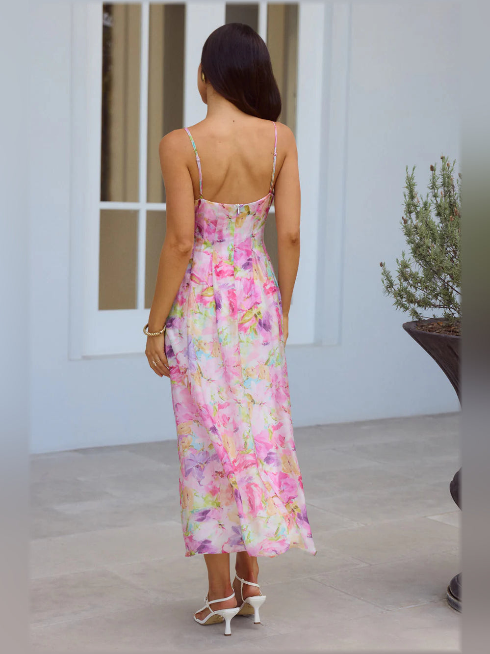 Multicolor floral print midi dress shown from back, scoop back, spaghetti straps